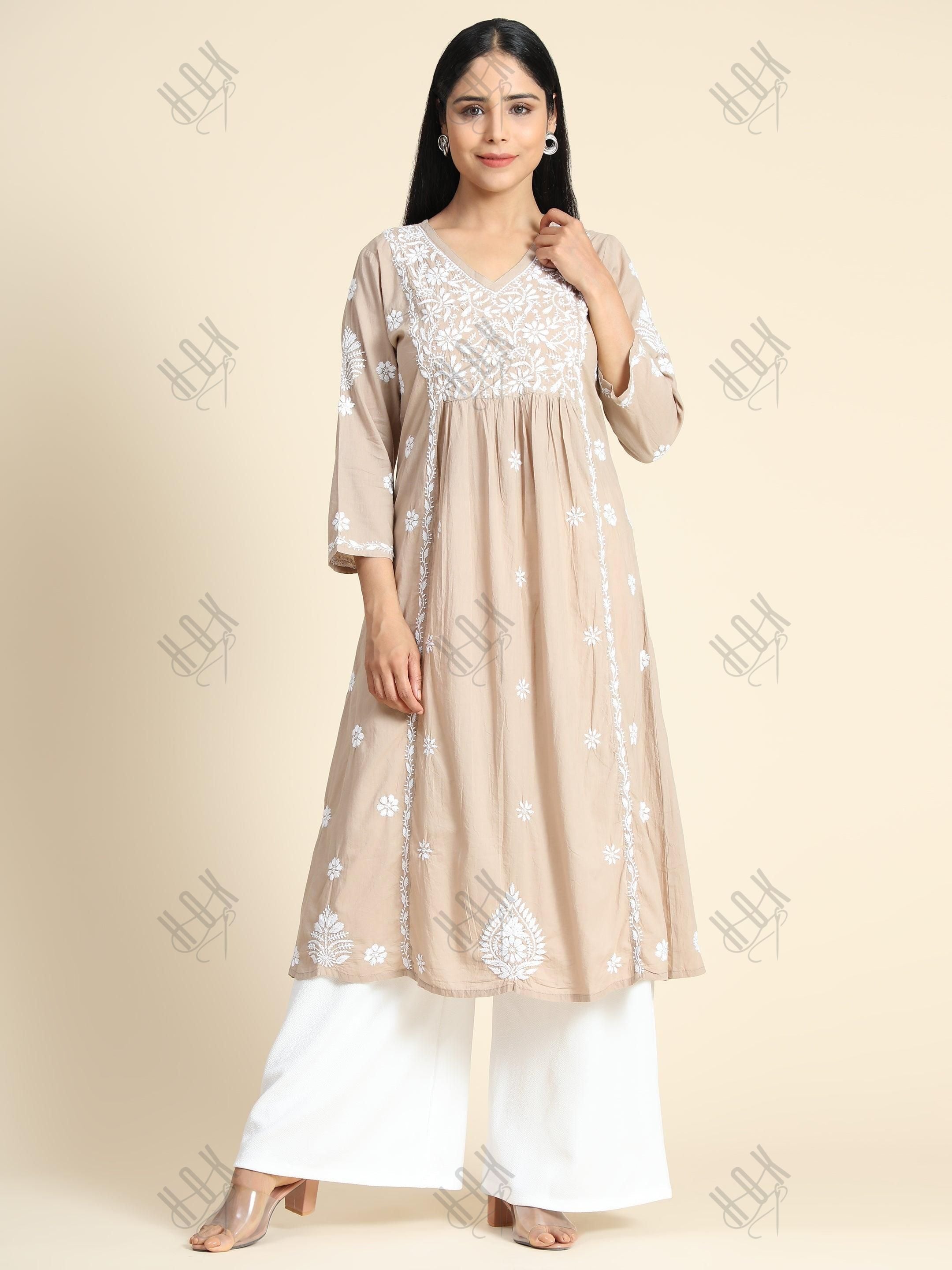 Srishti in HOK Chikankari Anarkali Kurti for Women - Beige - House Of Kari (Chikankari Clothing)