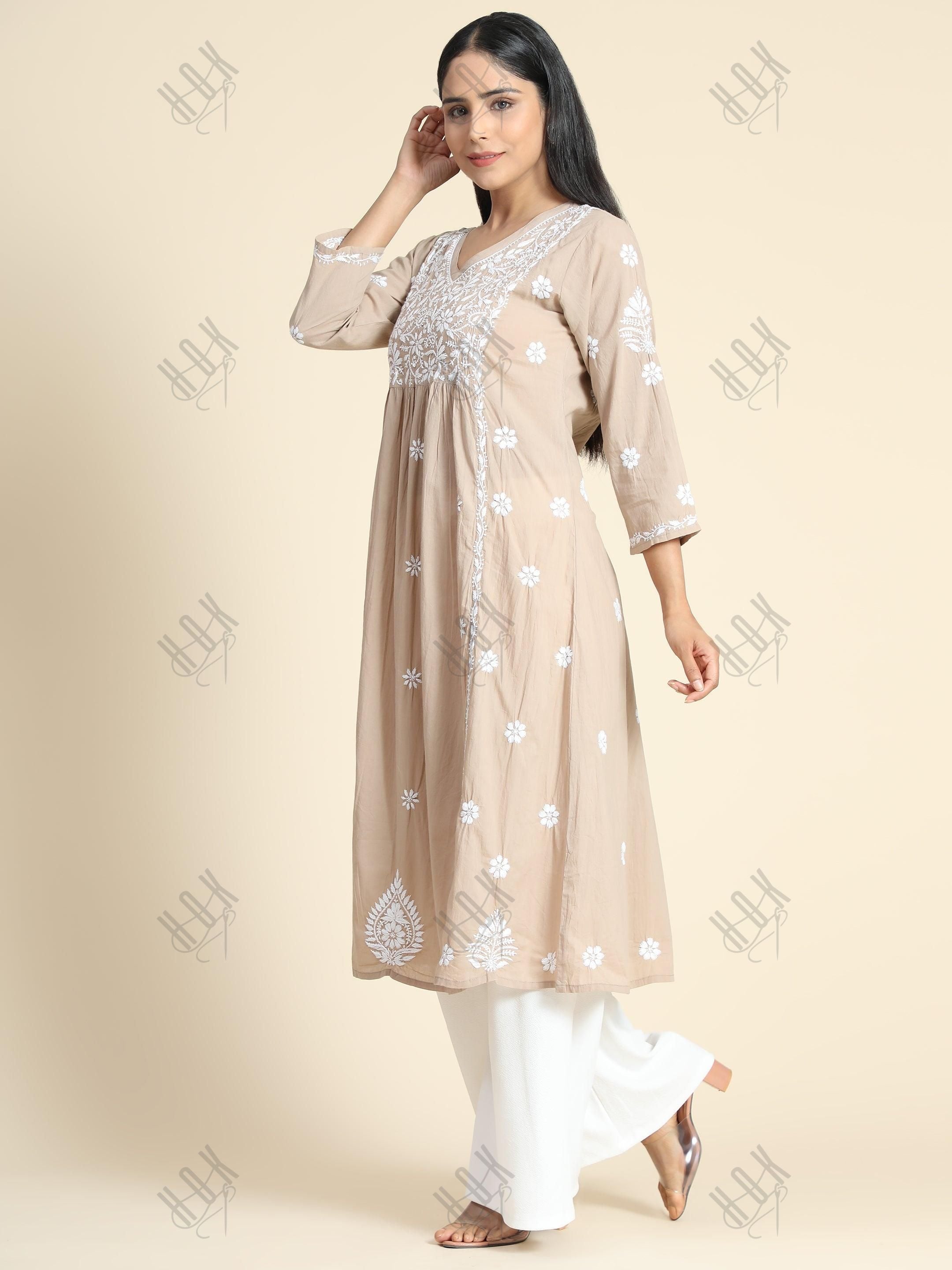 Srishti in HOK Chikankari Anarkali Kurti for Women - Beige - House Of Kari (Chikankari Clothing)