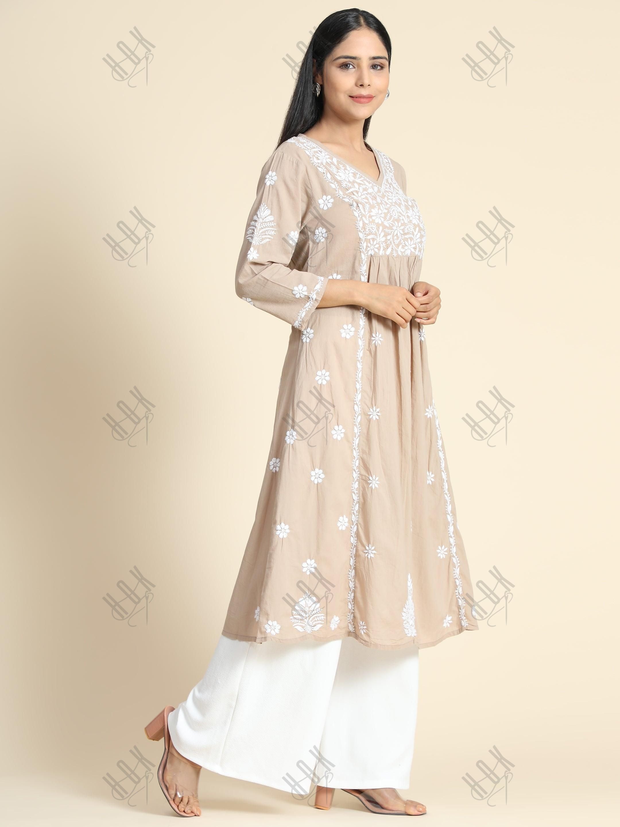 Srishti in HOK Chikankari Anarkali Kurti for Women - Beige - House Of Kari (Chikankari Clothing)