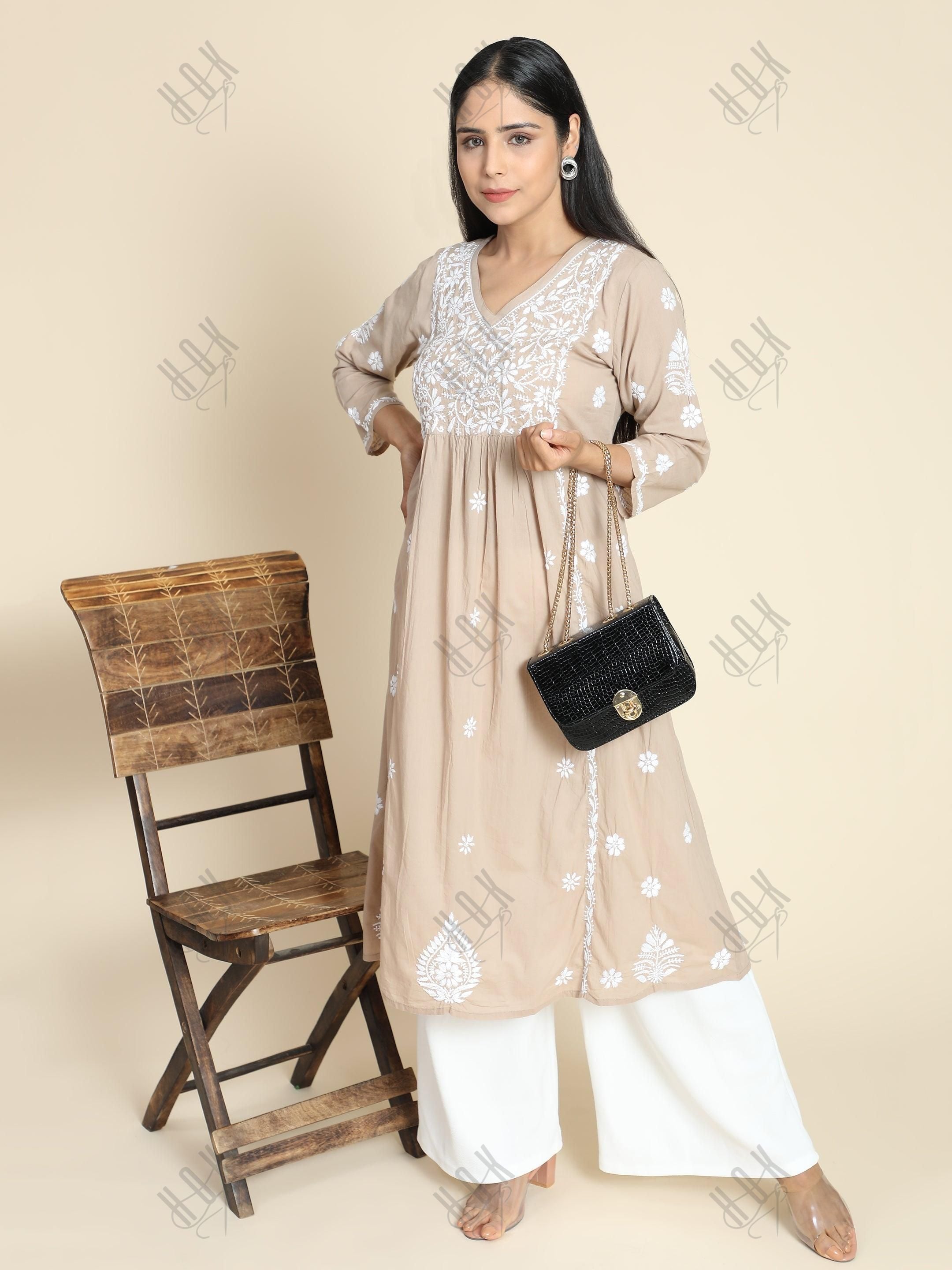 Srishti in HOK Chikankari Anarkali Kurti for Women - Beige - House Of Kari (Chikankari Clothing)