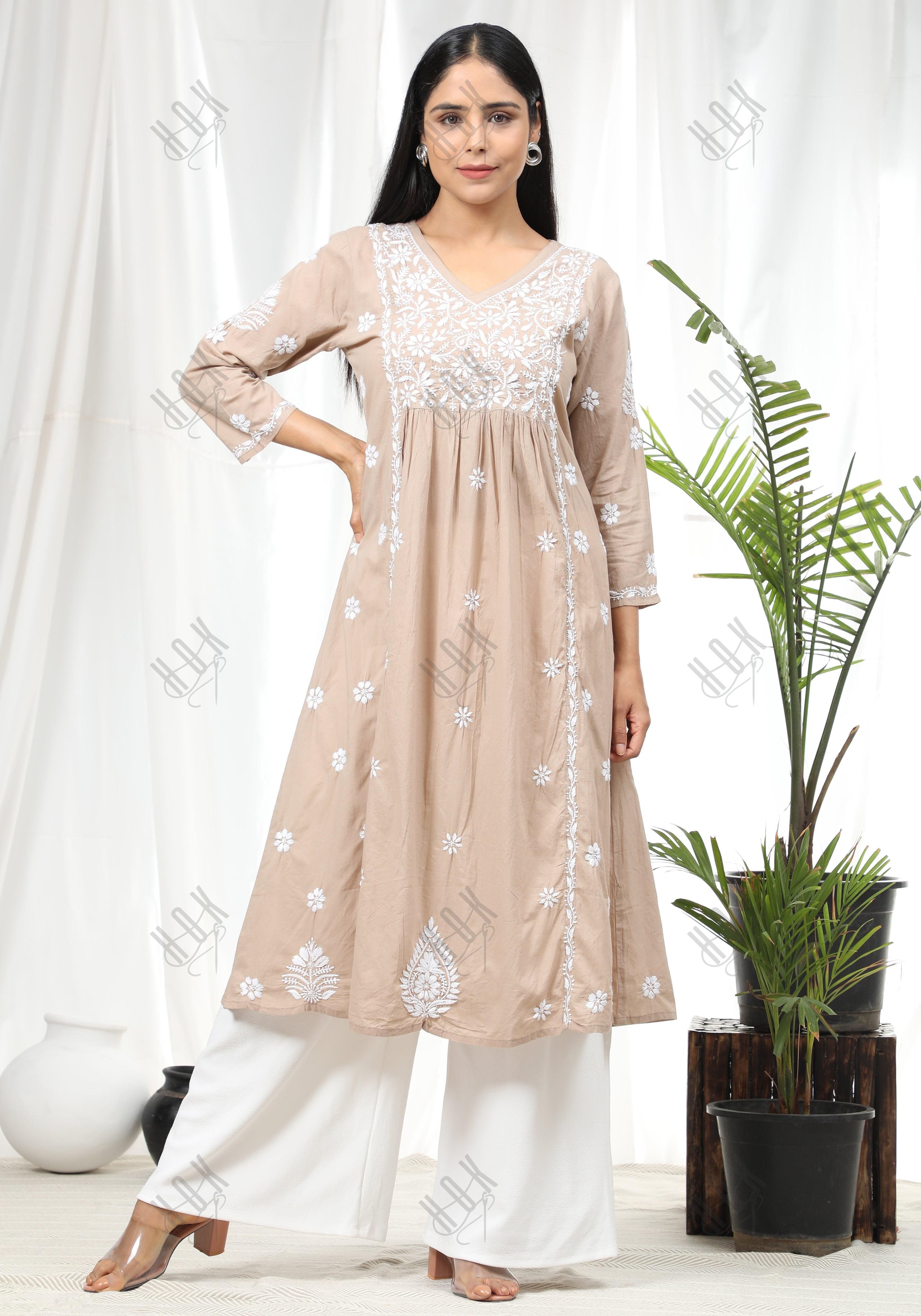 Srishti in HOK Chikankari Anarkali Kurti for Women - Beige - House Of Kari (Chikankari Clothing)