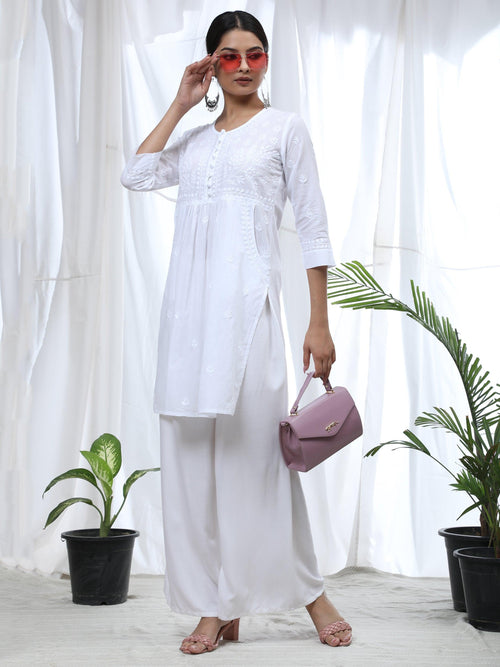 White Women Party wear Kurti Plazo Dupatta Suit – mahezon