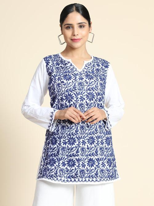 Premium Hand Embroidery Chinakari Printed Short Cotton Tunics - House Of Kari (Chikankari Clothing)
