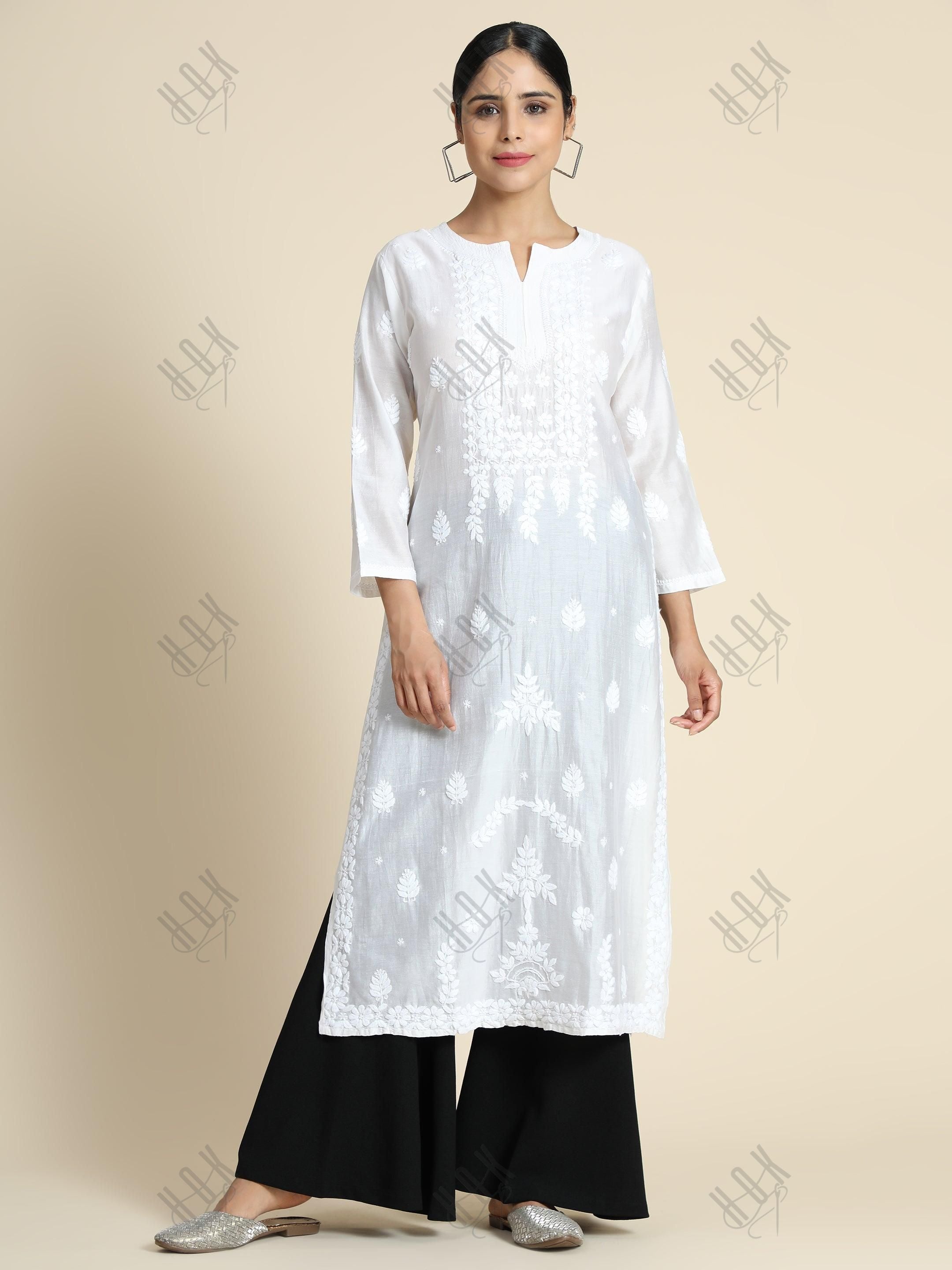 Nikita in Noor House of Kari Chanderi Silk Long Kurta - House Of Kari (Chikankari Clothing)