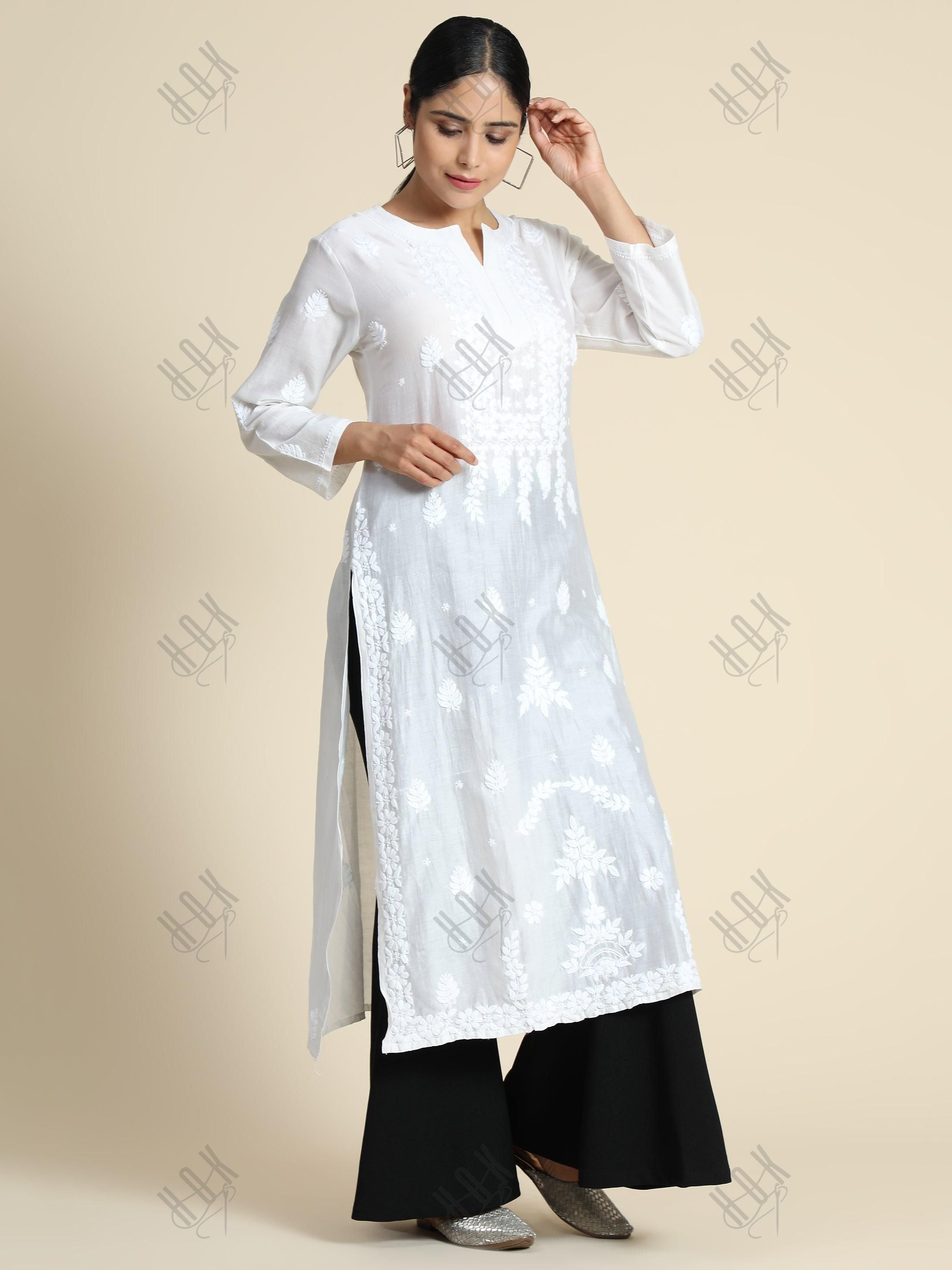 Ria Malhotra in Hand Embroidery Chikankari Long Kurti for Women In Chanderi Silk White-6 - House Of Kari (Chikankari Clothing)