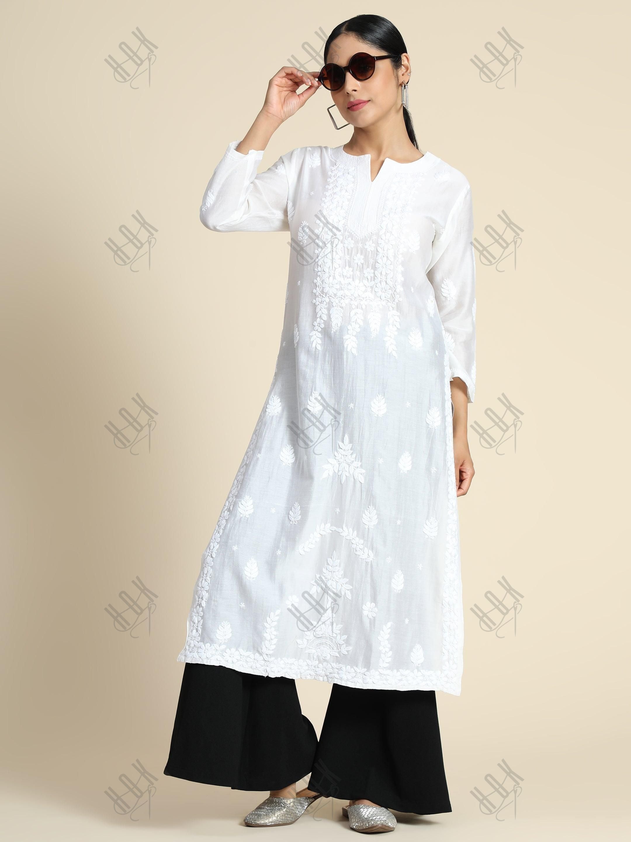 Nikita in Noor House of Kari Chanderi Silk Long Kurta - House Of Kari (Chikankari Clothing)