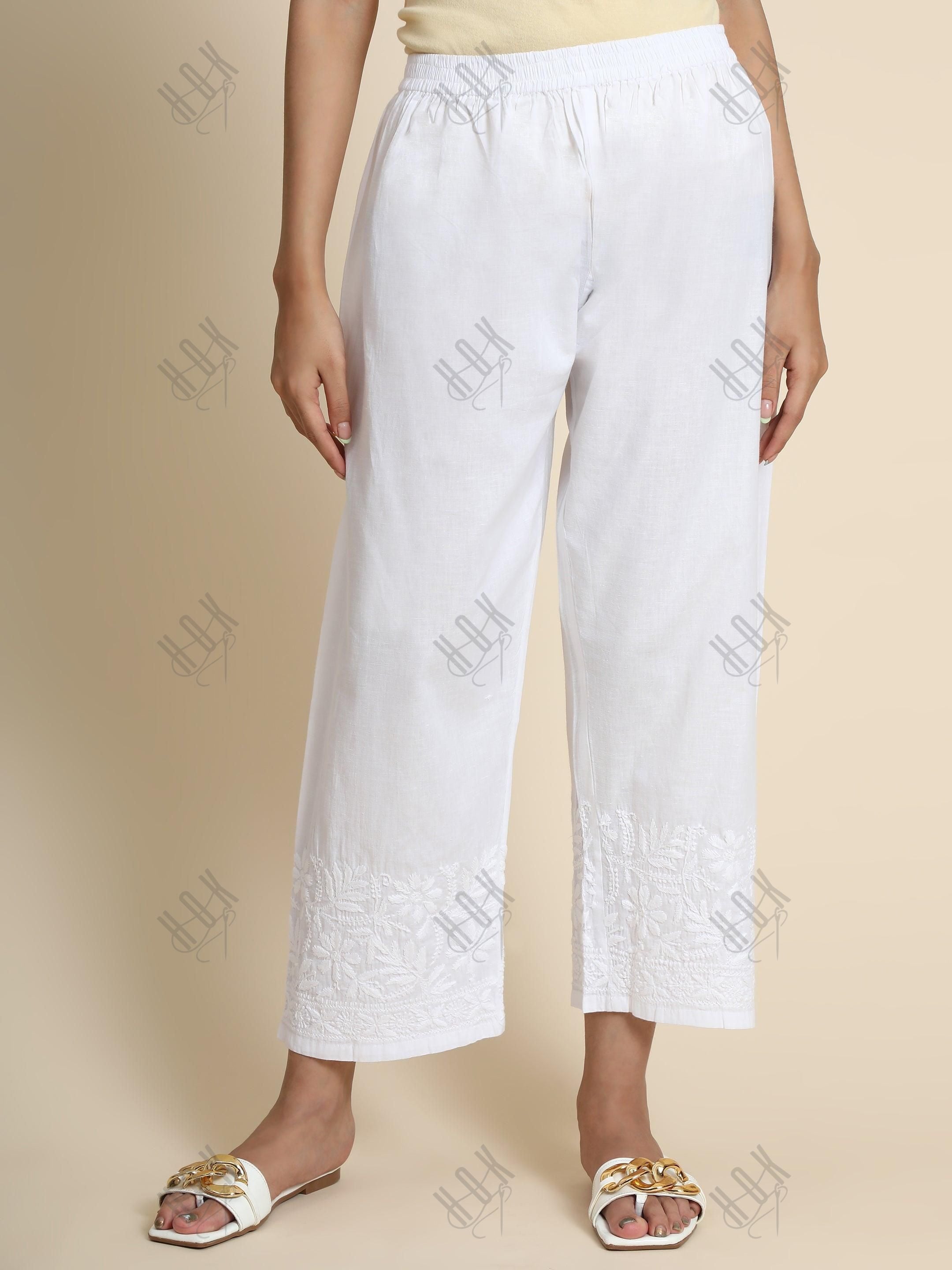 HOK Chikankari Cotton Pant Trouser White - House Of Kari (Chikankari Clothing)