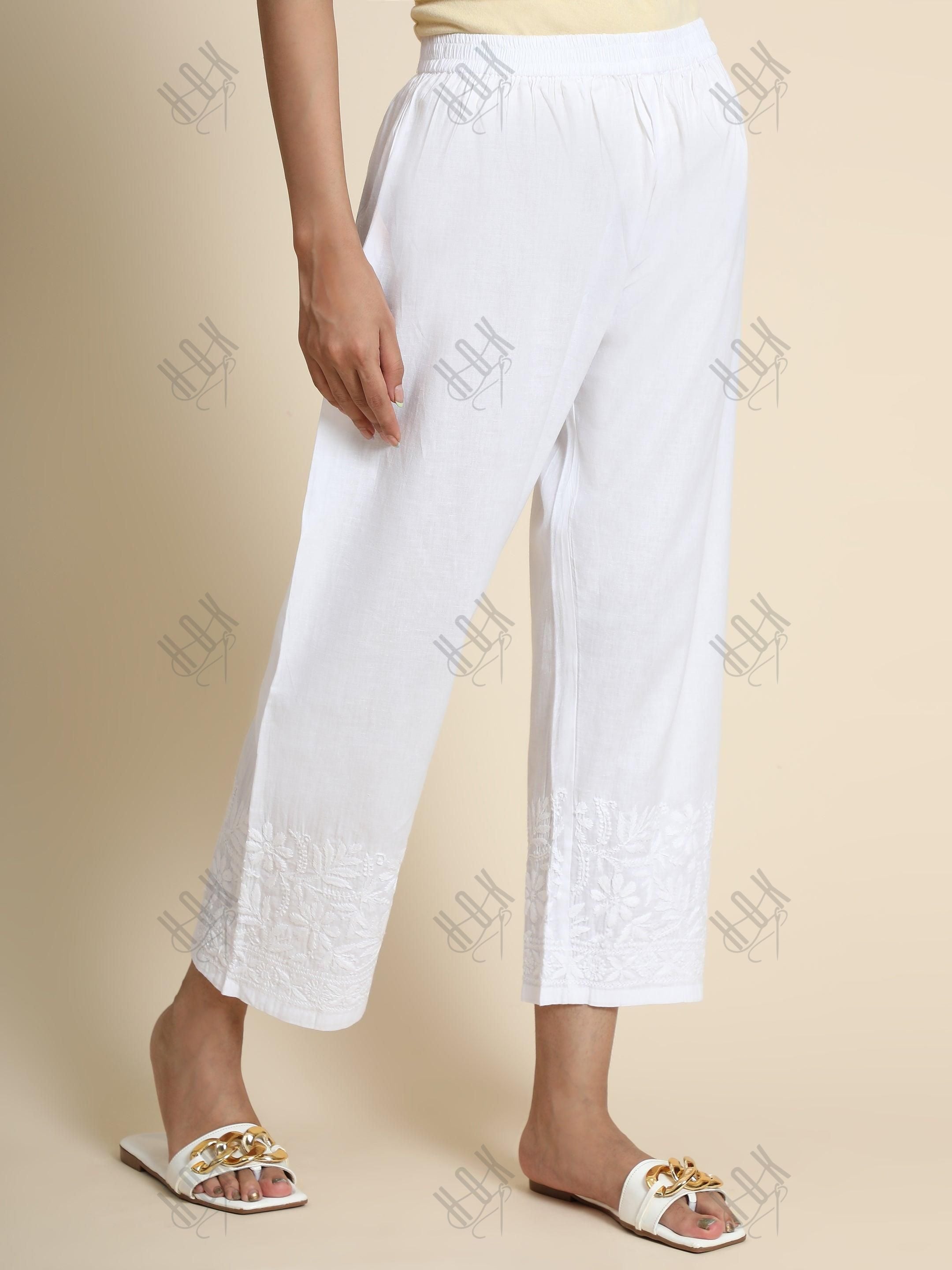 HOK Chikankari Cotton Pant Trouser White - House Of Kari (Chikankari Clothing)