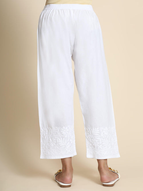 HOK Chikankari Cotton Pant Trouser White - House Of Kari (Chikankari Clothing)