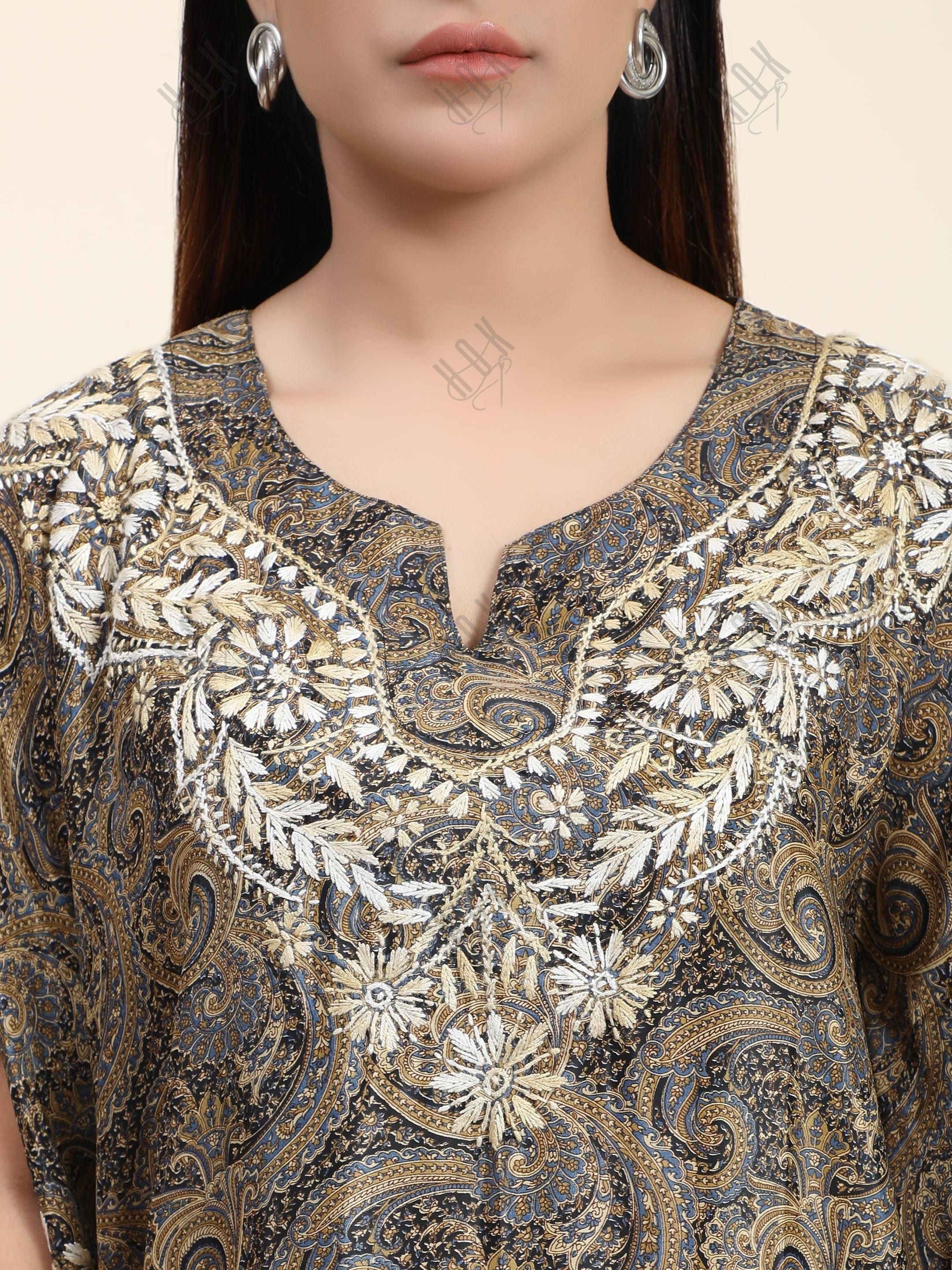 Premium Hand Embroidery Chikankari PolySilk Kaftan Top wear for Women Dark Brown Print - House Of Kari (Chikankari Clothing)