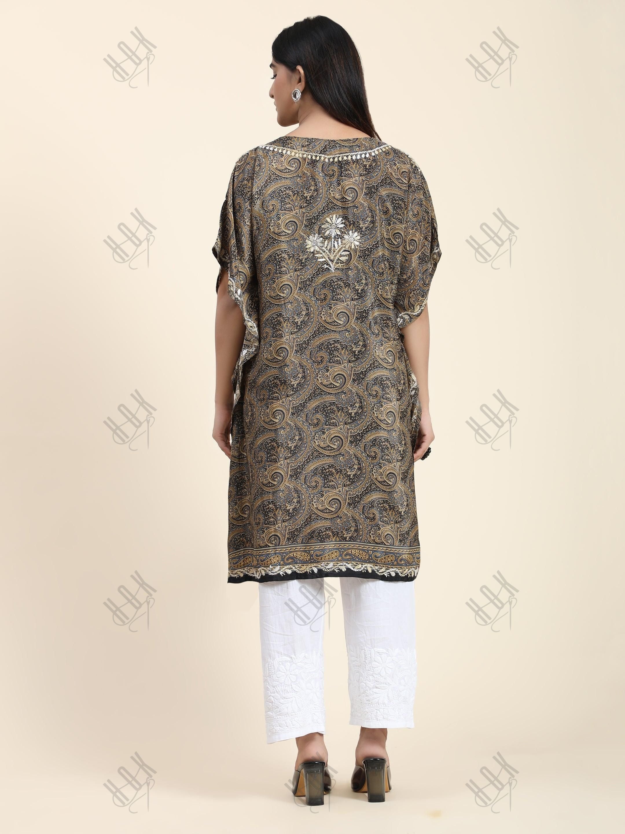 Premium Hand Embroidery Chikankari PolySilk Kaftan Top wear for Women Dark Brown Print - House Of Kari (Chikankari Clothing)