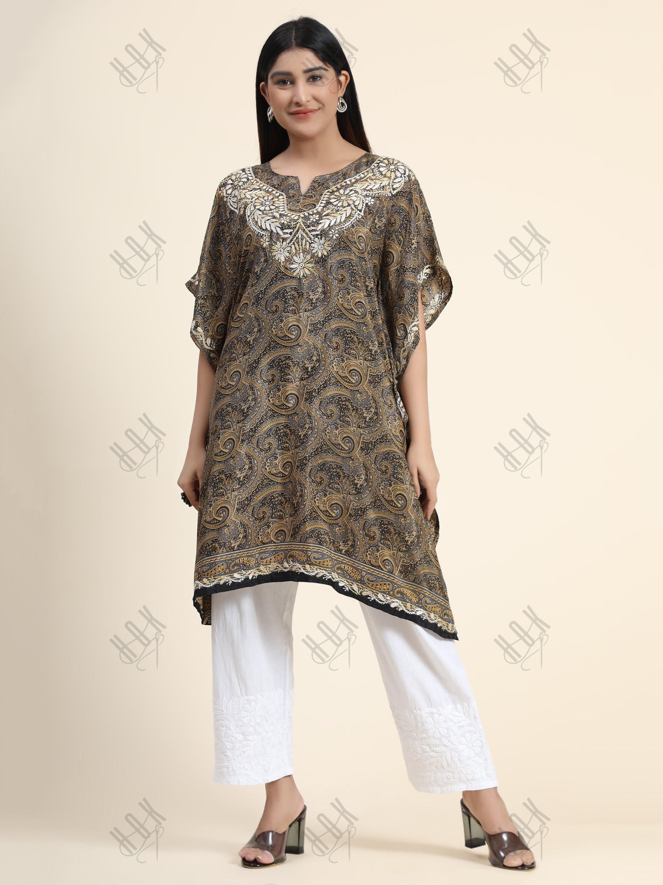 Premium Hand Embroidery Chikankari PolySilk Kaftan Top wear for Women Dark Brown Print - House Of Kari (Chikankari Clothing)