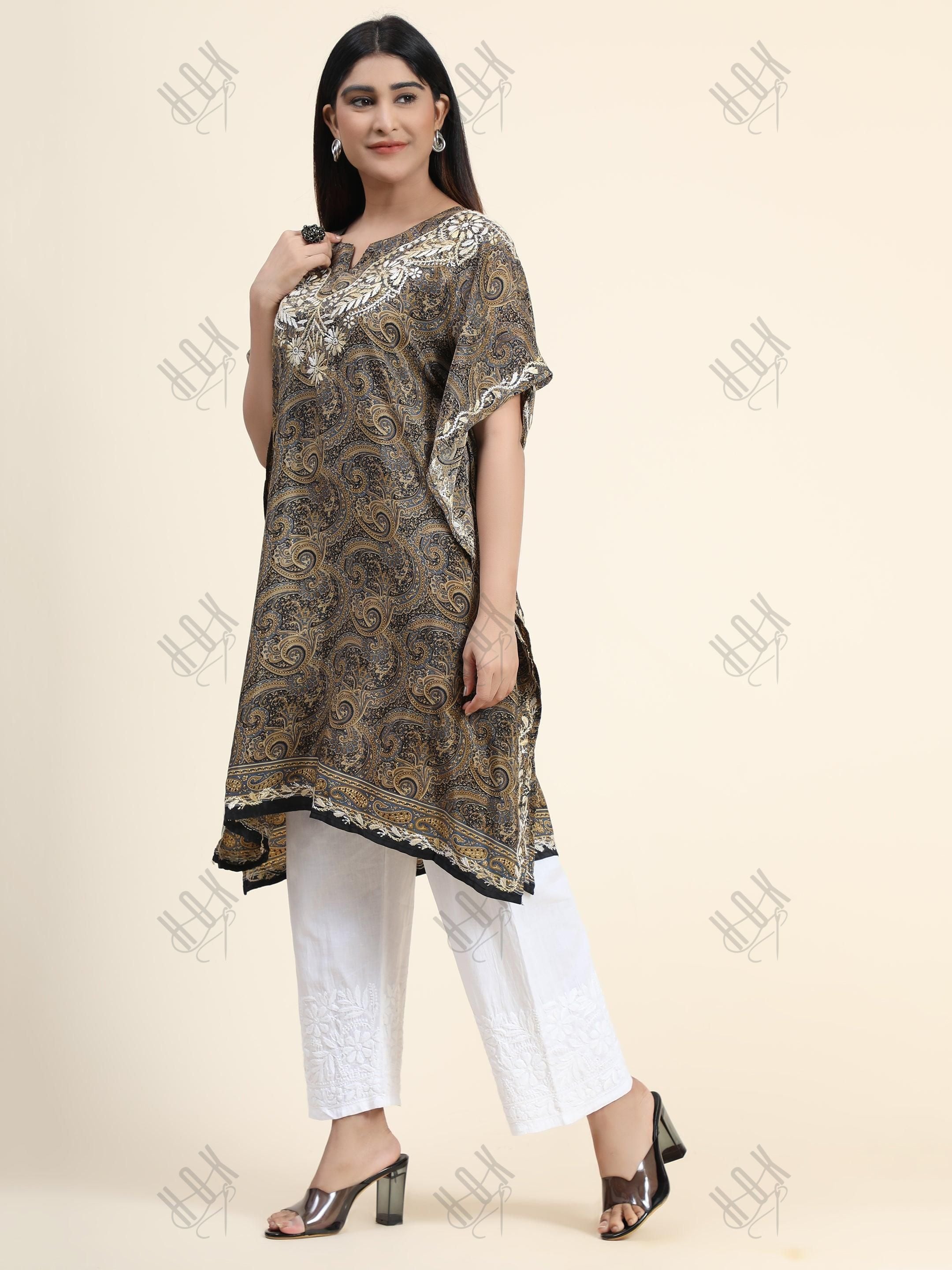 Premium Hand Embroidery Chikankari PolySilk Kaftan Top wear for Women Dark Brown Print - House Of Kari (Chikankari Clothing)