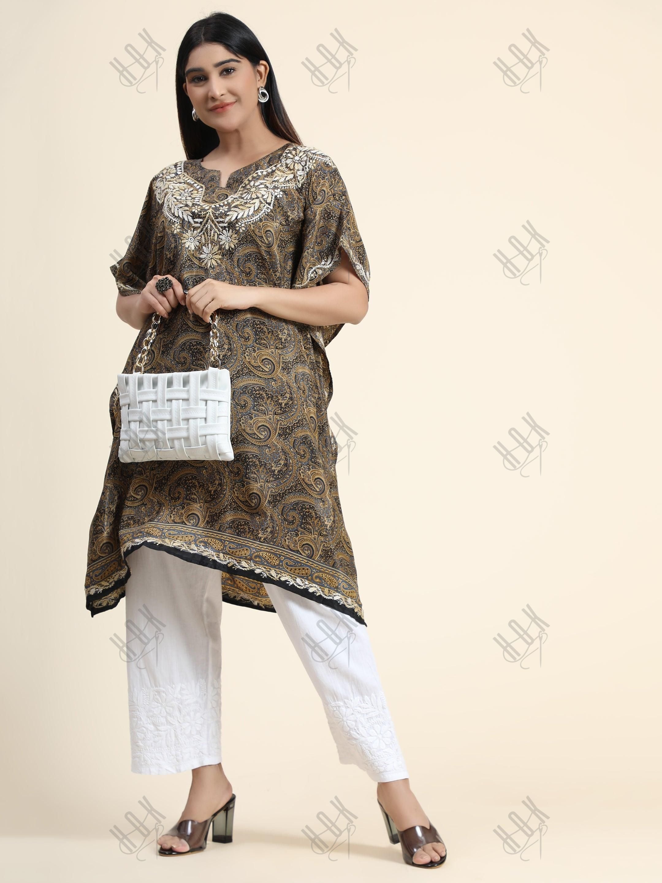 Premium Hand Embroidery Chikankari PolySilk Kaftan Top wear for Women Dark Brown Print - House Of Kari (Chikankari Clothing)