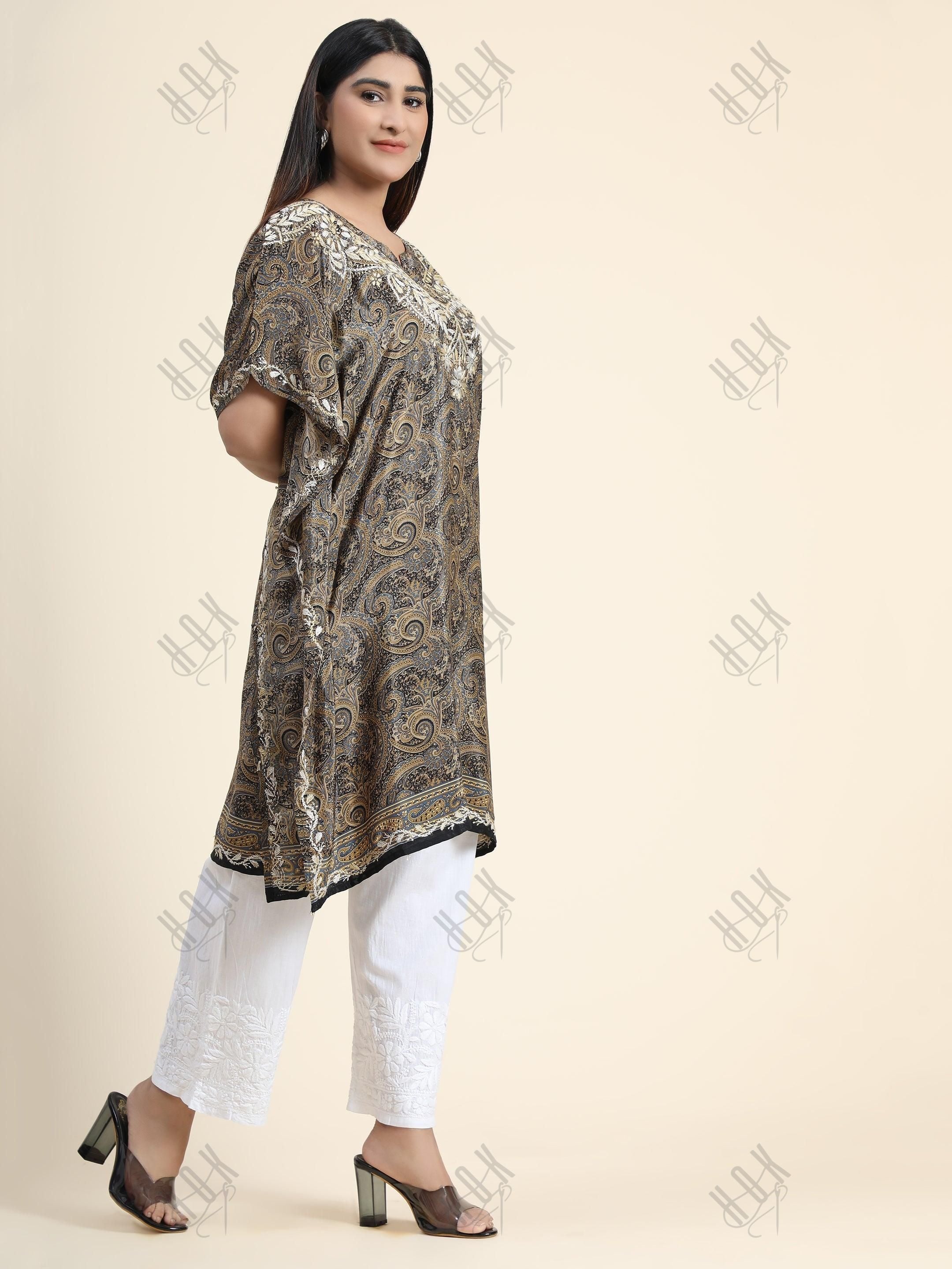 Premium Hand Embroidery Chikankari PolySilk Kaftan Top wear for Women Dark Brown Print - House Of Kari (Chikankari Clothing)