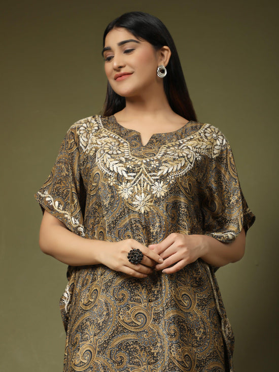 Premium Hand Embroidery Chikankari PolySilk Kaftan Top wear for Women Dark Brown Print - House Of Kari (Chikankari Clothing)