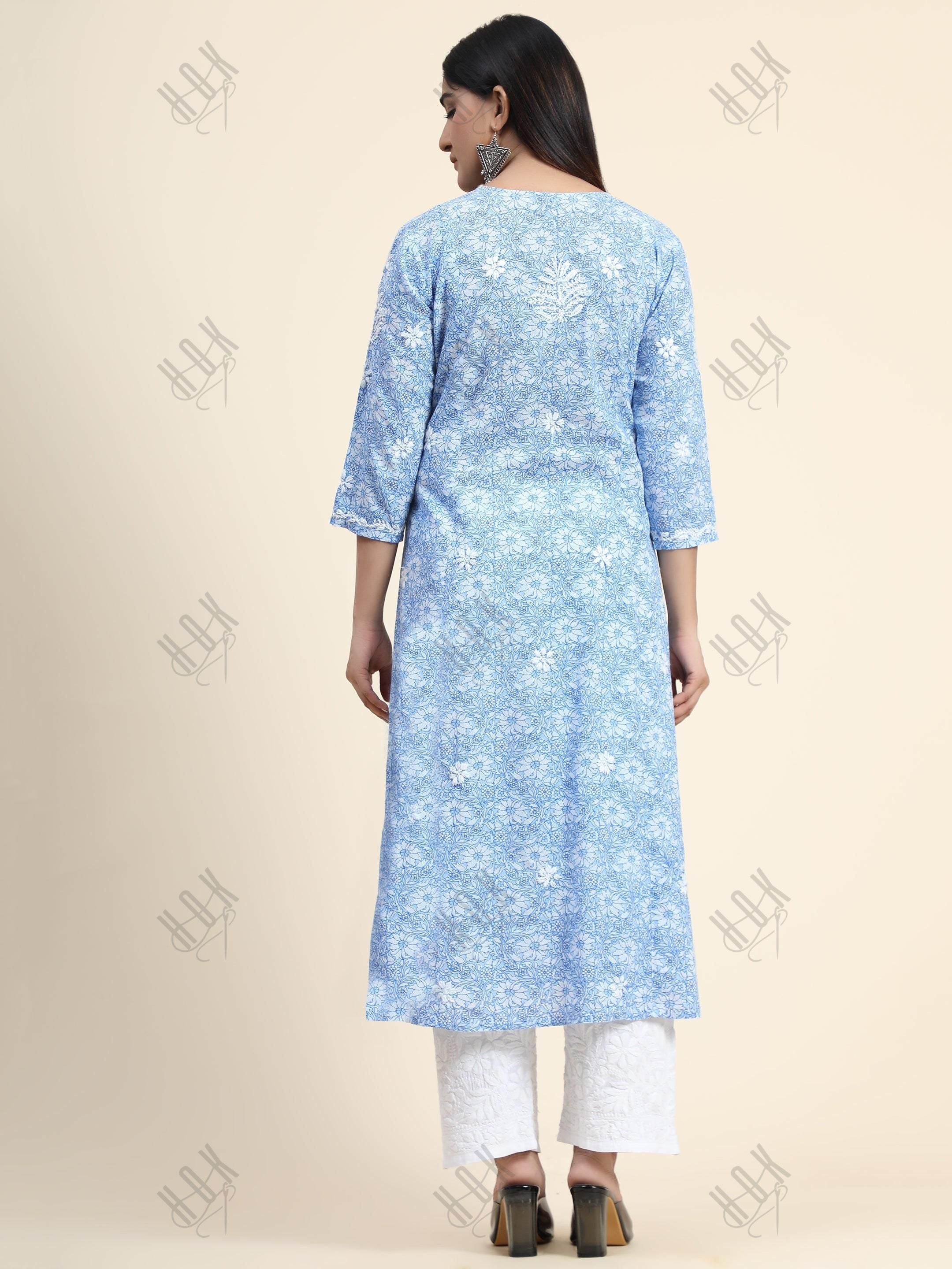 Hand embroidery Chikankari V neck Anarkali Dress | Long Kurti in Cotton For Women - House Of Kari (Chikankari Clothing)