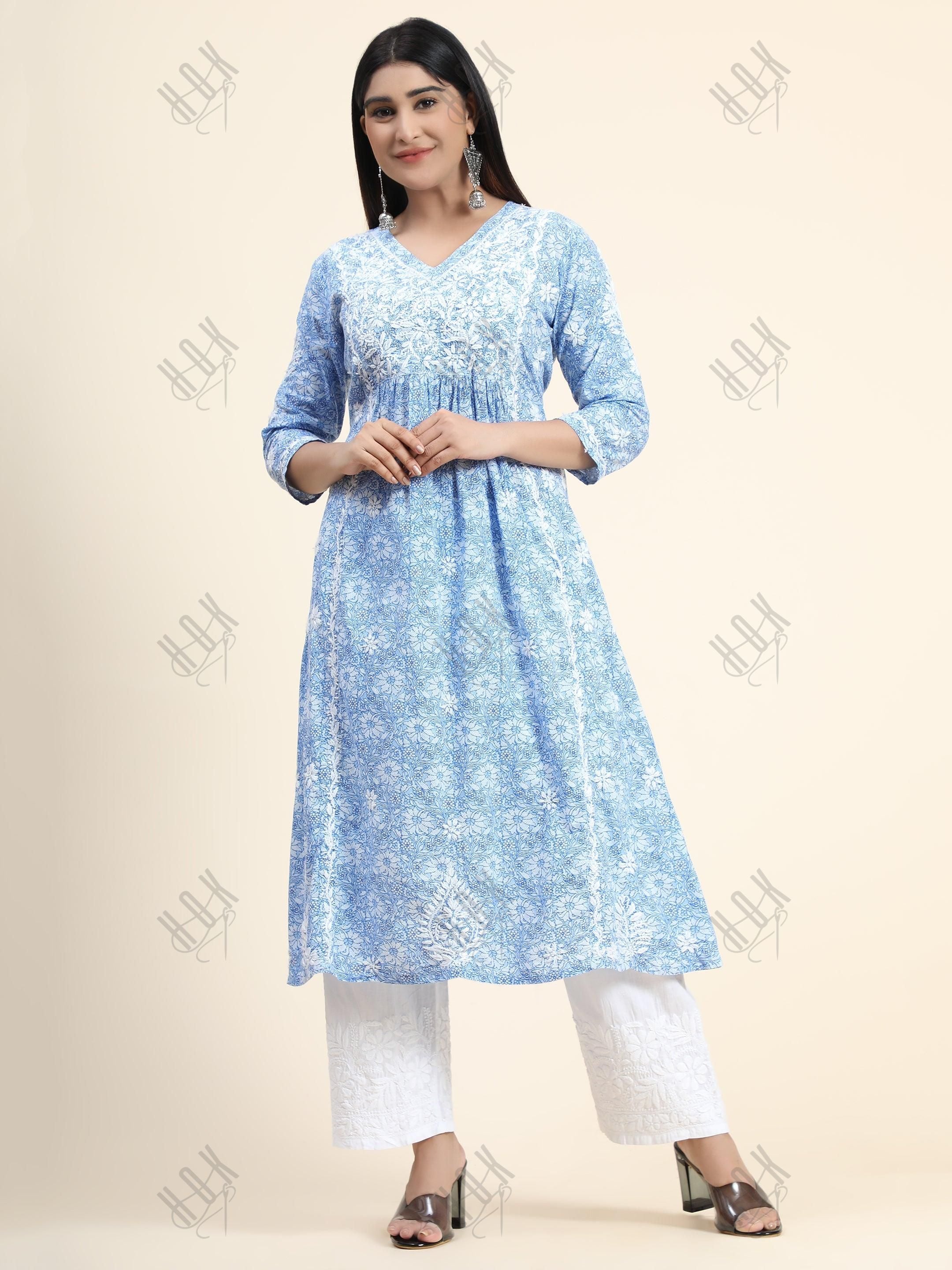 Hand embroidery Chikankari V neck Anarkali Dress | Long Kurti in Cotton For Women - House Of Kari (Chikankari Clothing)