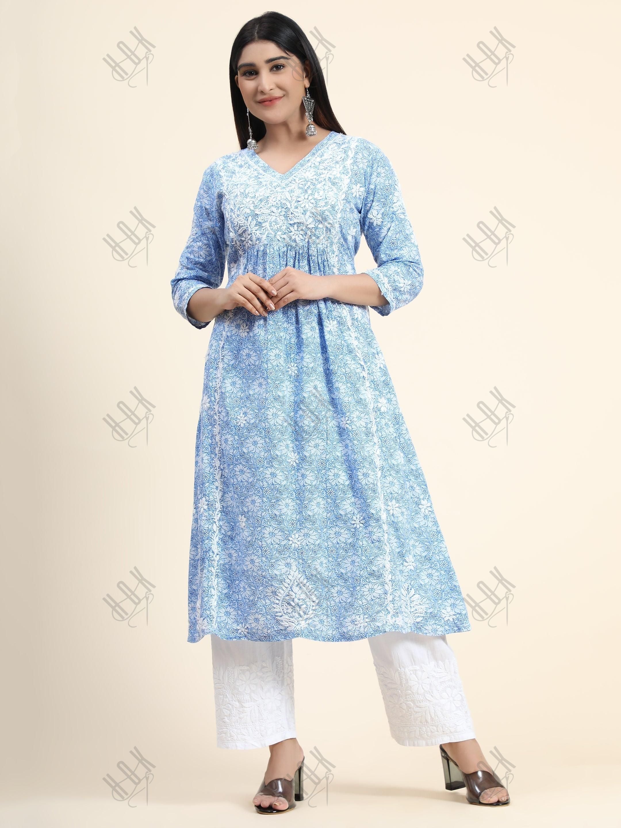 Hand embroidery Chikankari V neck Anarkali Dress | Long Kurti in Cotton For Women 2 - House Of Kari (Chikankari Clothing)