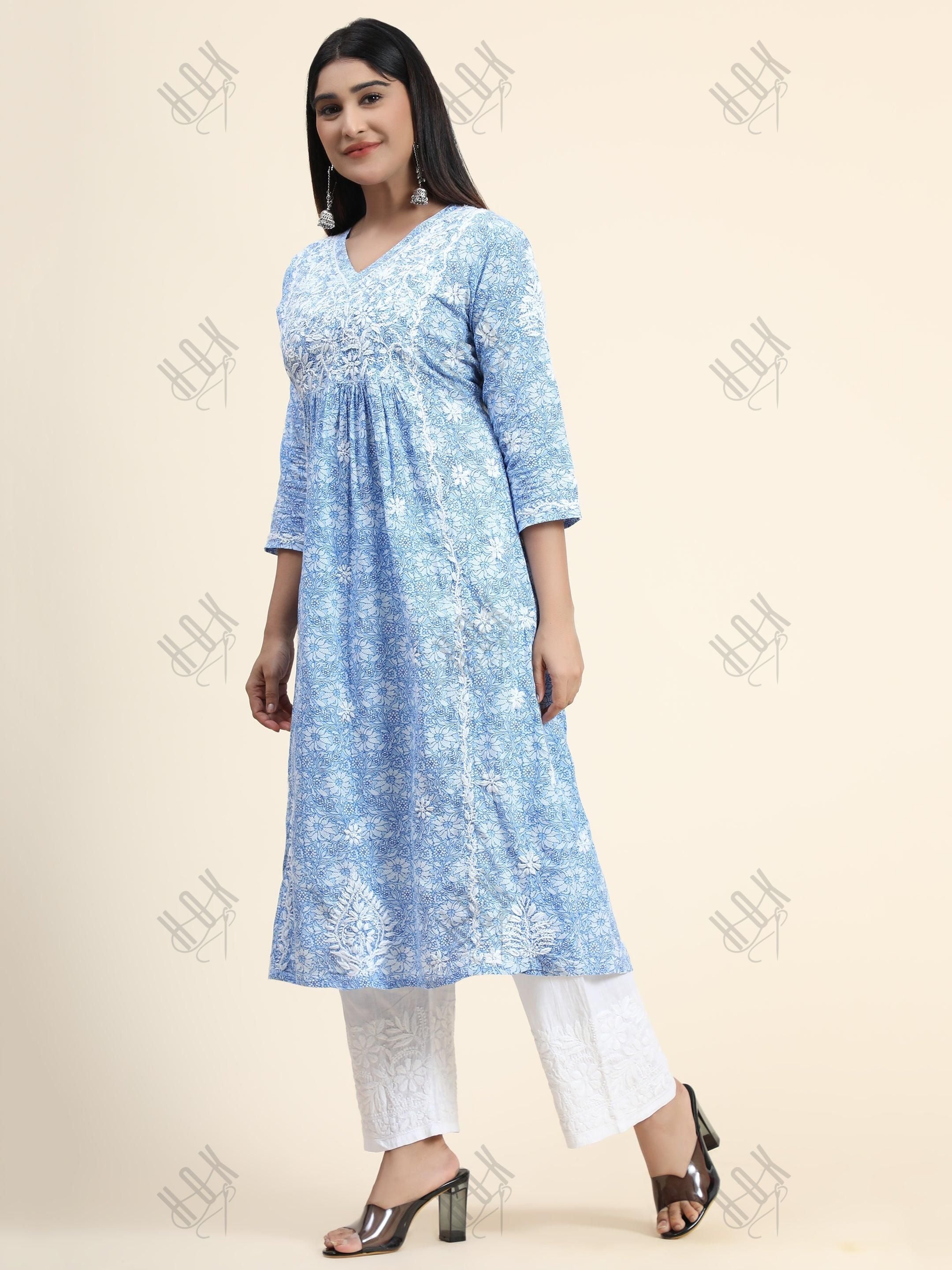 Hand embroidery Chikankari V neck Anarkali Dress | Long Kurti in Cotton For Women - House Of Kari (Chikankari Clothing)