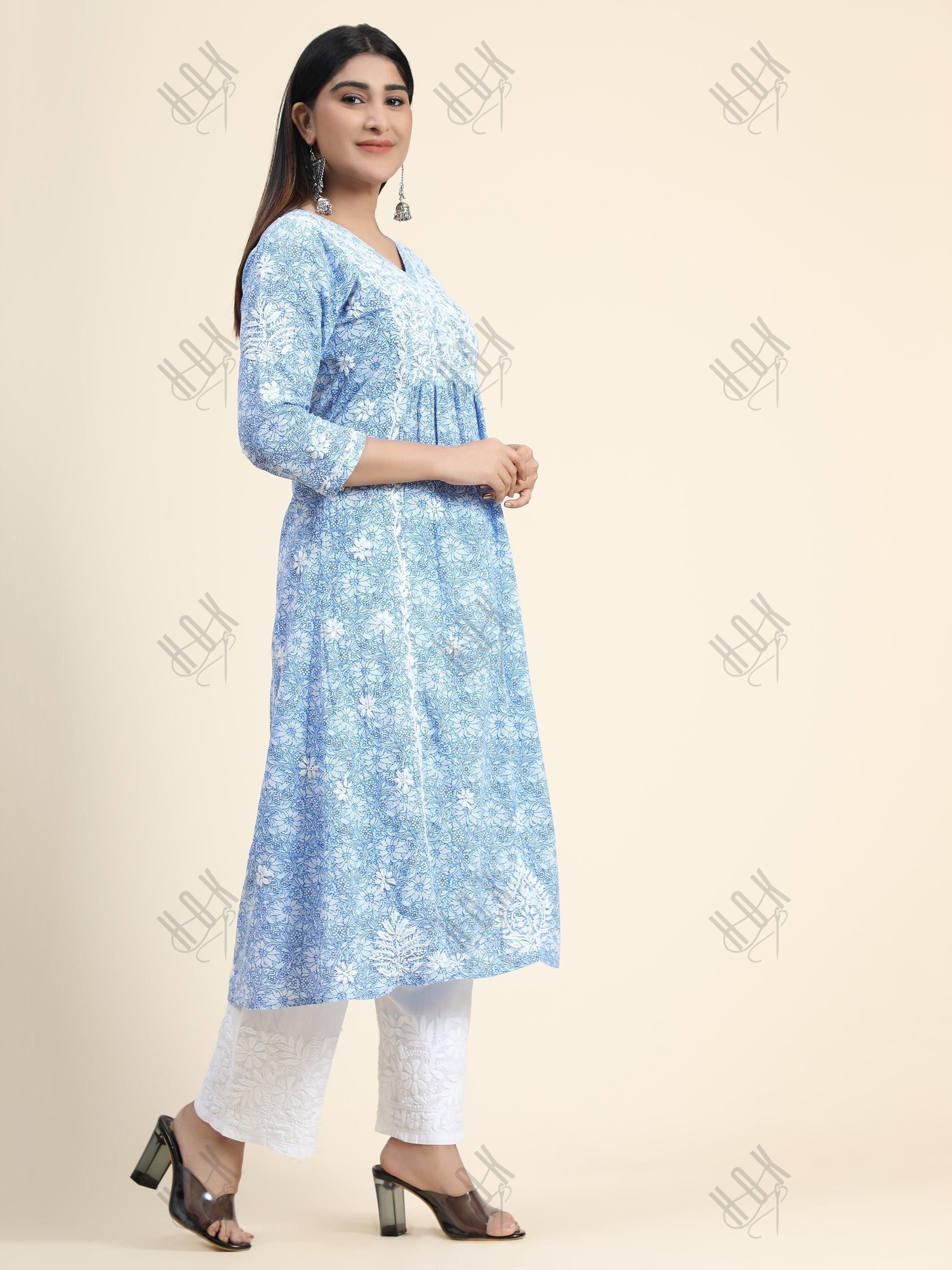 Hand embroidery Chikankari V neck Anarkali Dress | Long Kurti in Cotton For Women 2 - House Of Kari (Chikankari Clothing)