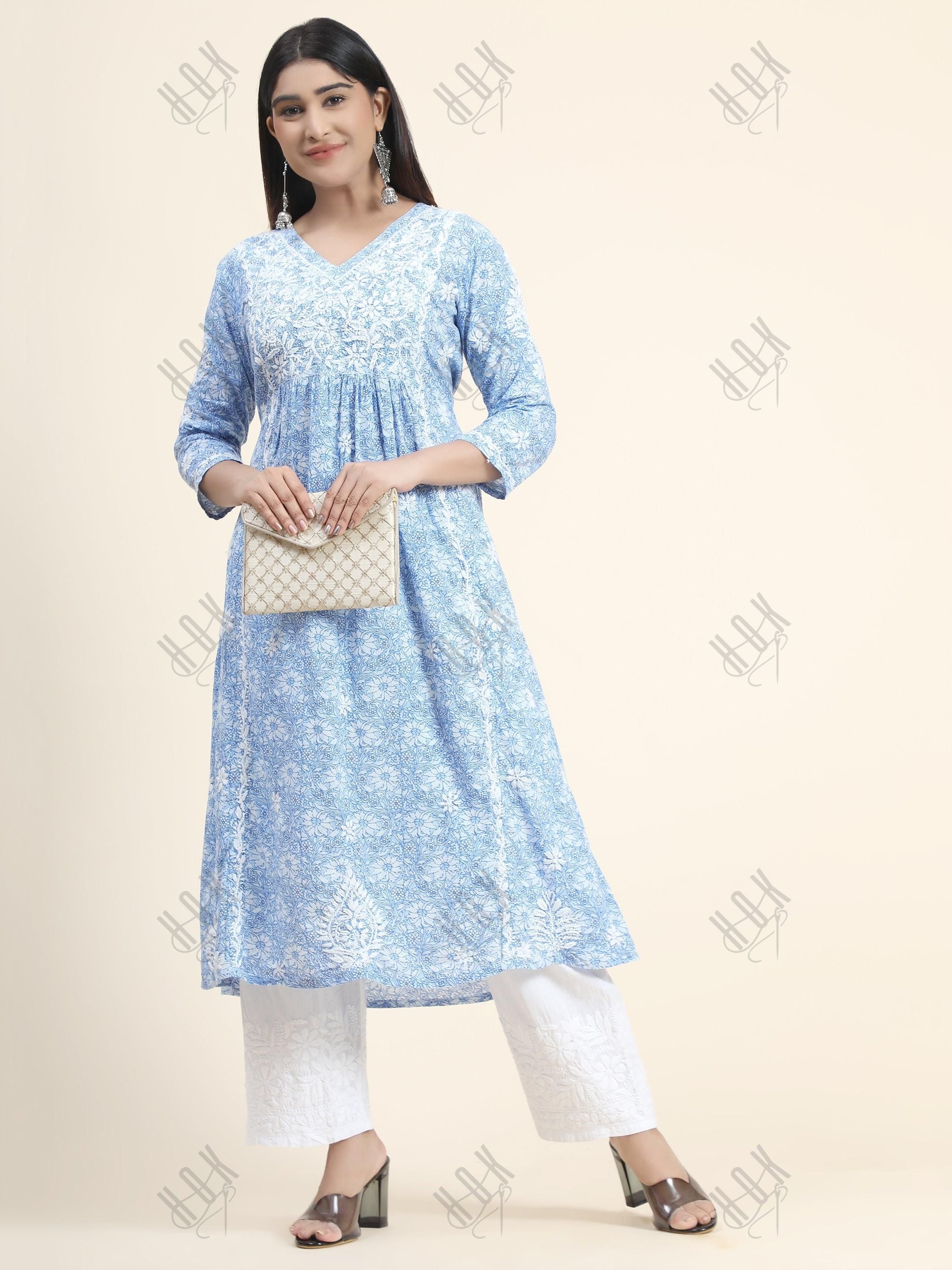 Hand embroidery Chikankari V neck Anarkali Dress | Long Kurti in Cotton For Women - House Of Kari (Chikankari Clothing)