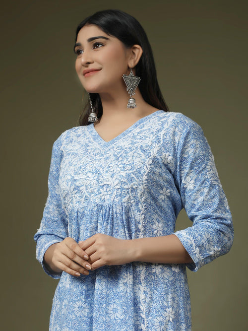 Load image into Gallery viewer, Hand embroidery Chikankari V neck Anarkali Dress | Long Kurti in Cotton For Women - House Of Kari (Chikankari Clothing)
