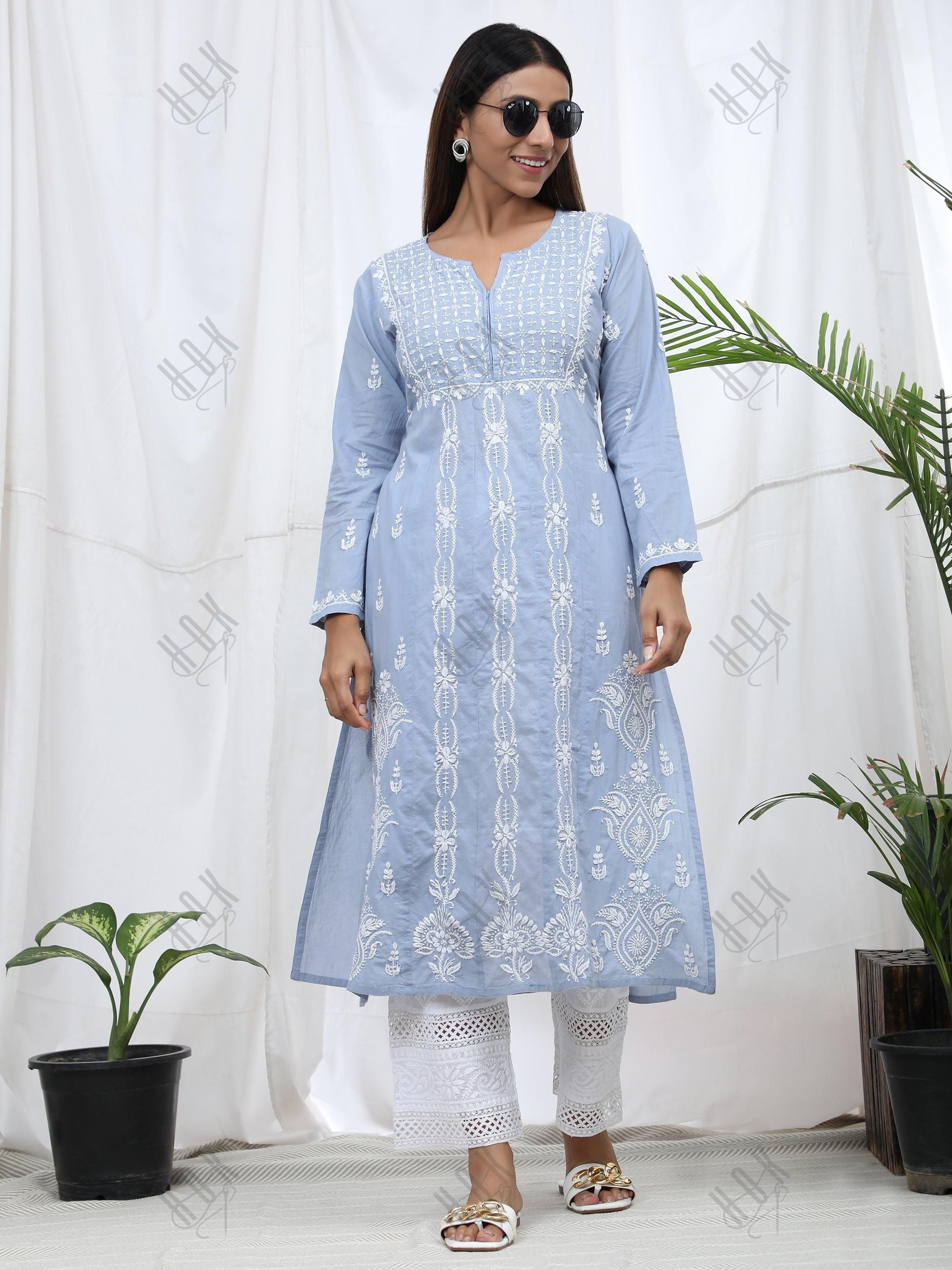 Hand Embroidery Chikankari Long Kurti for Women | Stylish Casual | Fancy| Cloud Blue - House Of Kari (Chikankari Clothing)