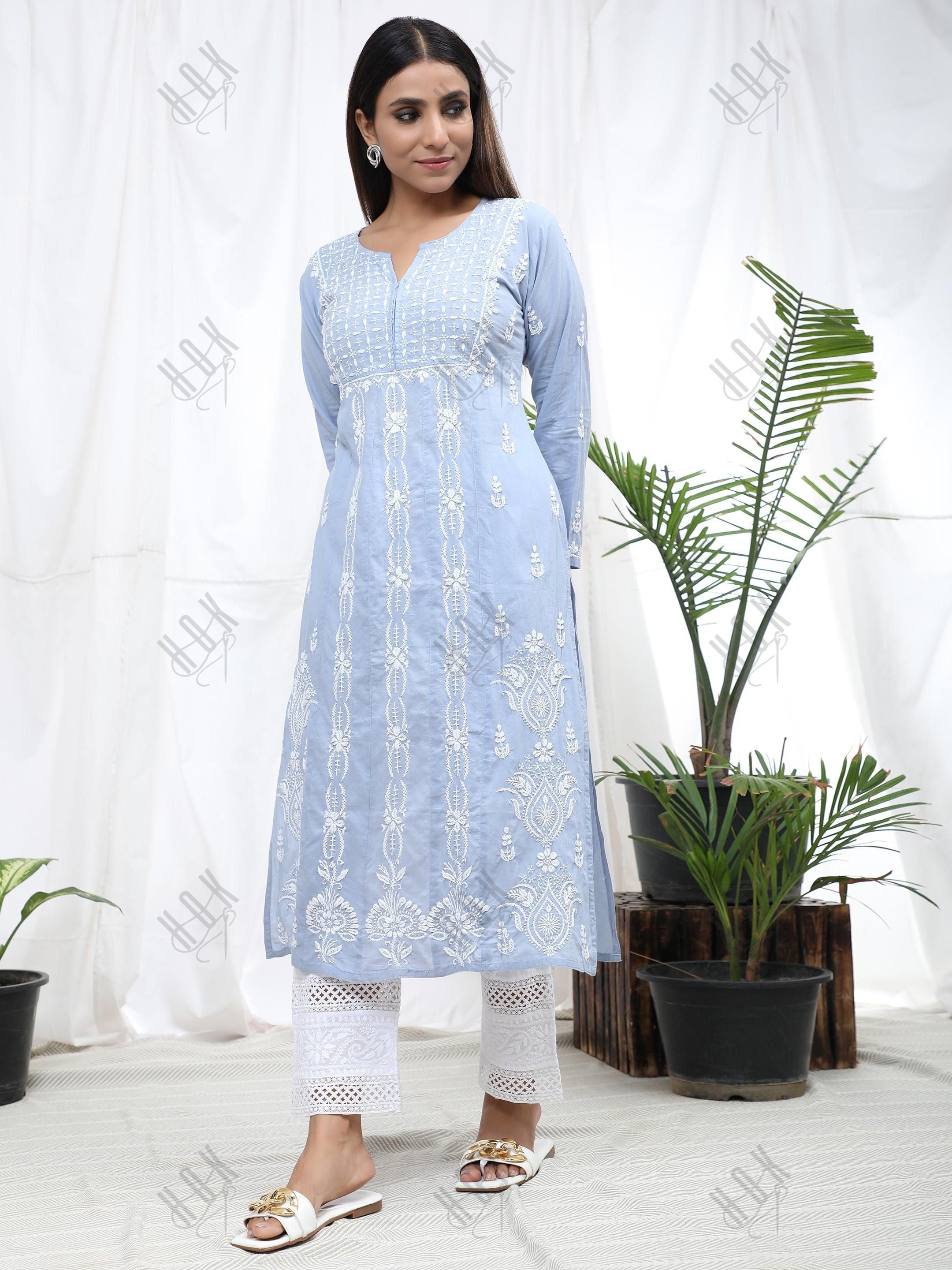 Hand Embroidery Chikankari Long Kurti for Women | Stylish Casual | Fancy| Cloud Blue - House Of Kari (Chikankari Clothing)