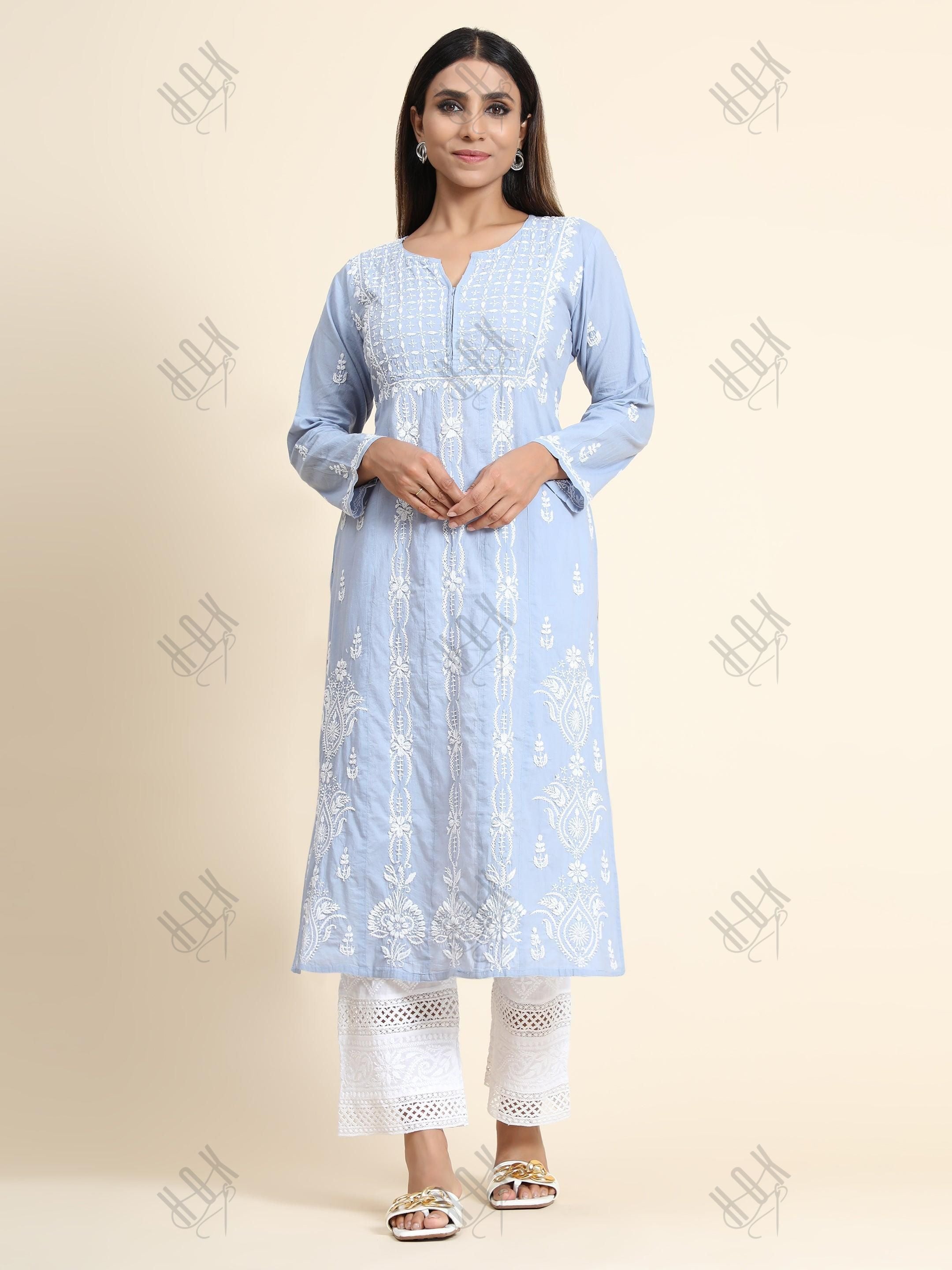 Hand Embroidery Chikankari Long Kurti for Women | Stylish Casual | Fancy| Cloud Blue - House Of Kari (Chikankari Clothing)