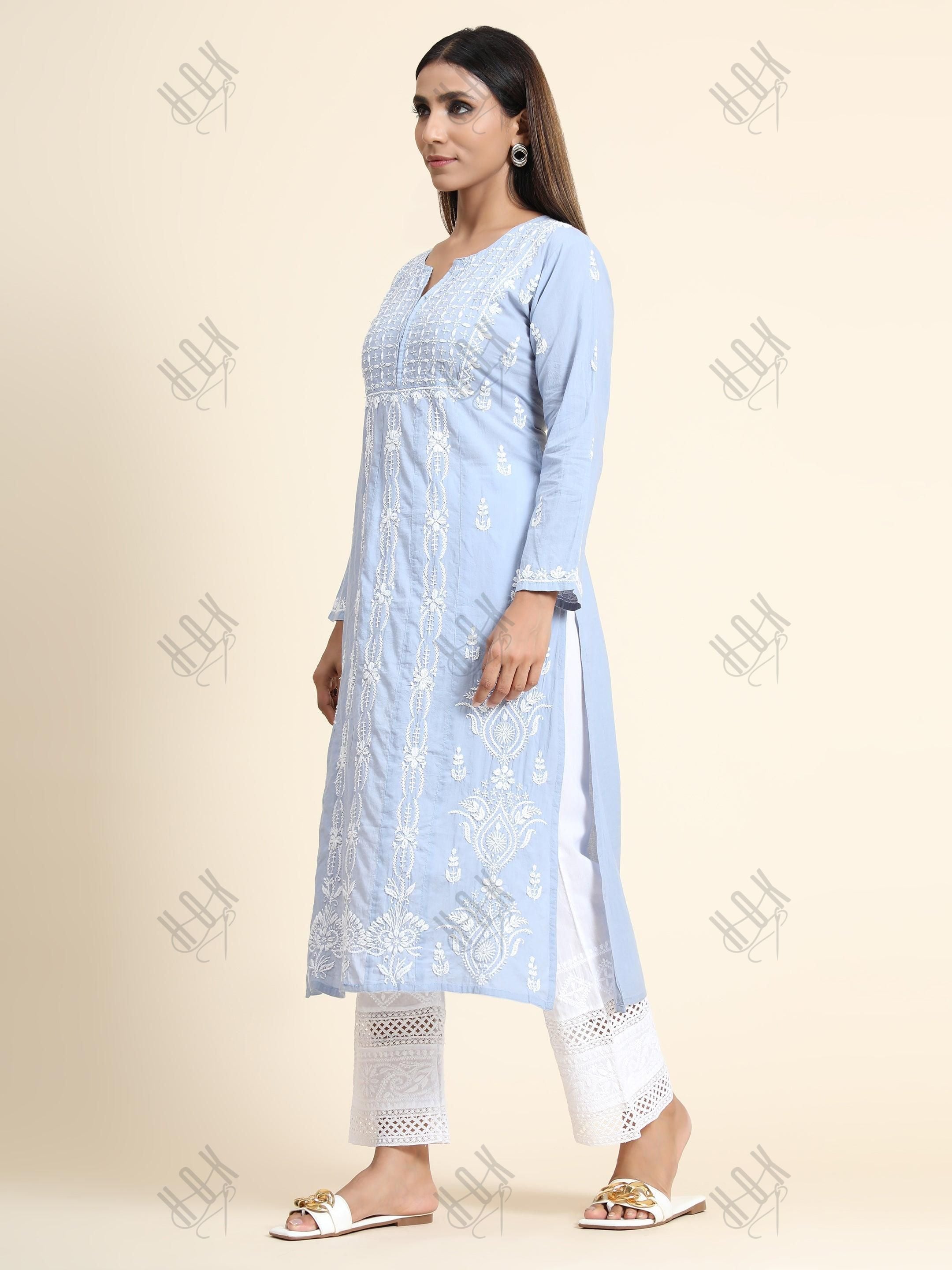 Hand Embroidery Chikankari Long Kurti for Women | Stylish Casual | Fancy| Cloud Blue - House Of Kari (Chikankari Clothing)