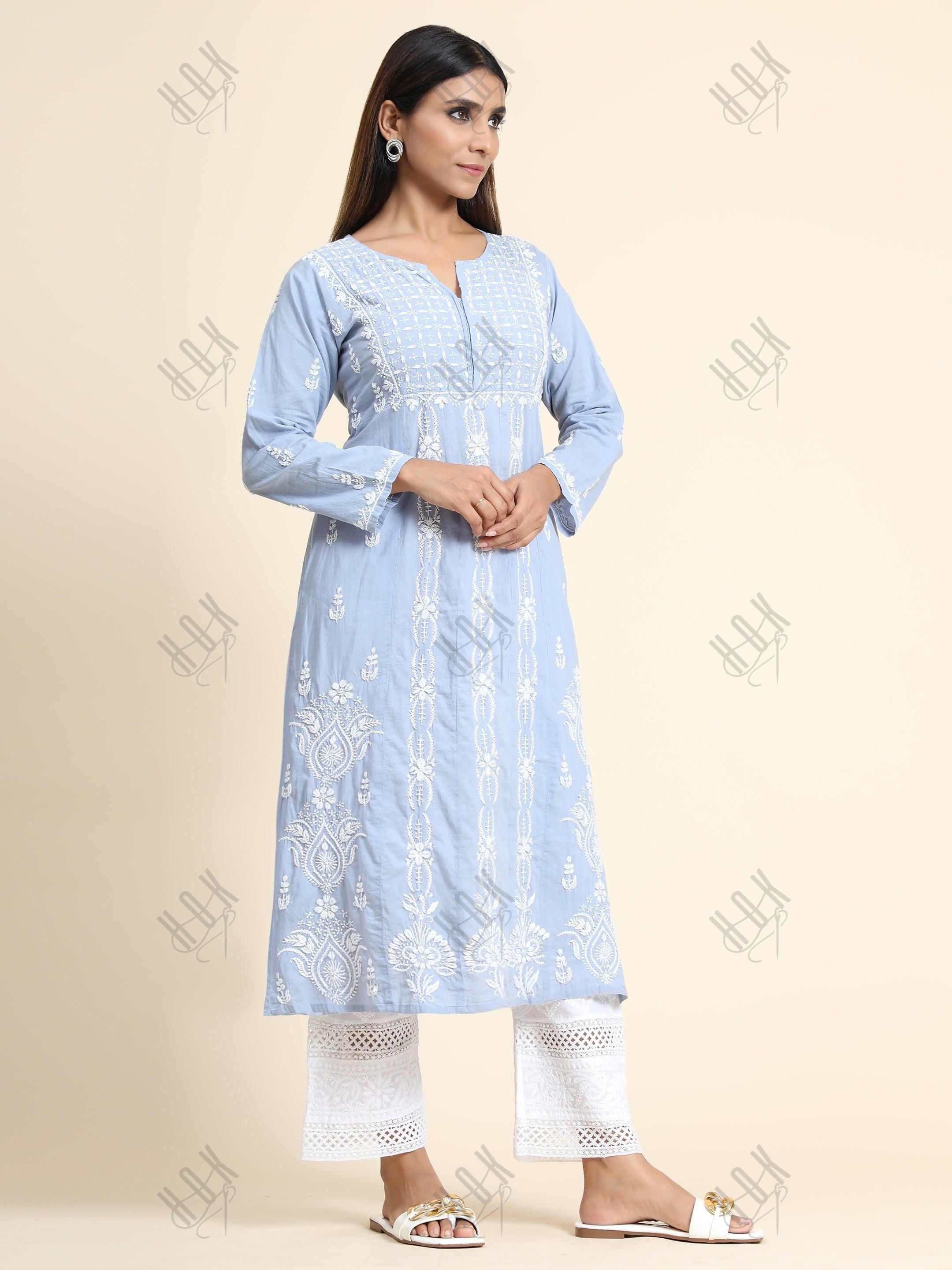 Hand Embroidery Chikankari Long Kurti for Women | Stylish Casual | Fancy| Cloud Blue - House Of Kari (Chikankari Clothing)