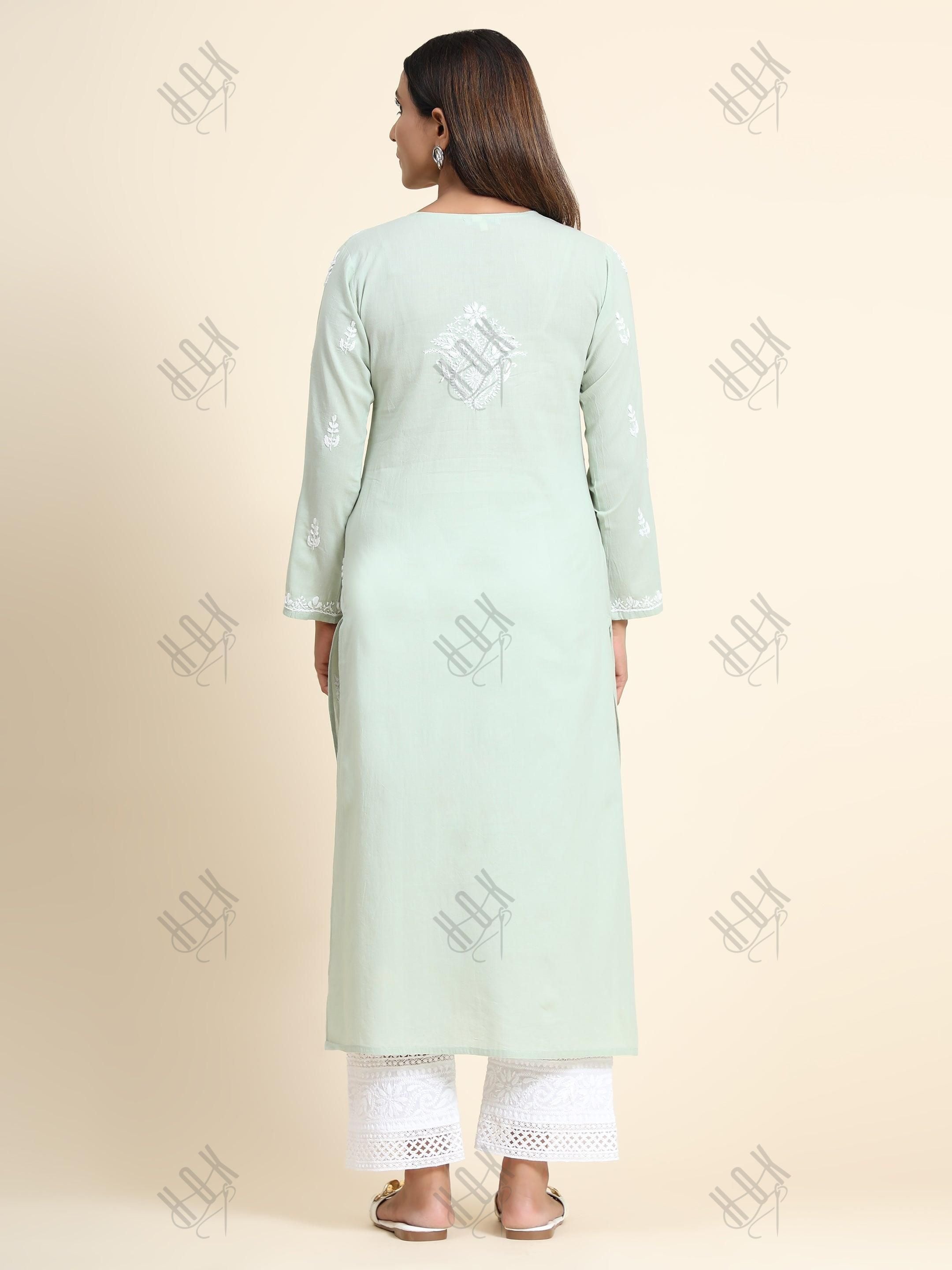 Vedika In hand embroidery Chikankari Long Kurti for Women -Sea Green - House Of Kari (Chikankari Clothing)