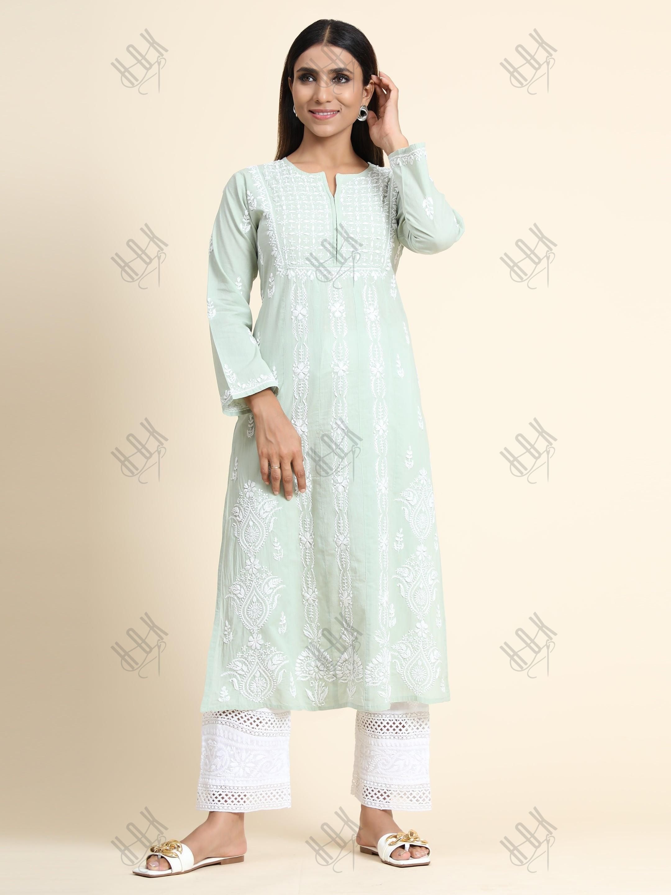 Vedika In hand embroidery Chikankari Long Kurti for Women -Sea Green - House Of Kari (Chikankari Clothing)