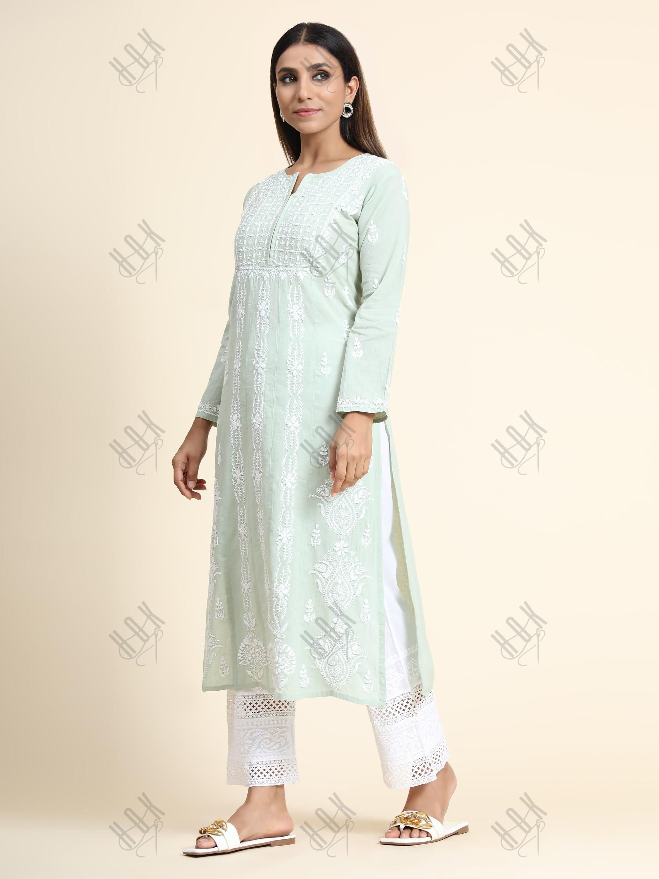 Vedika In hand embroidery Chikankari Long Kurti for Women -Sea Green - House Of Kari (Chikankari Clothing)