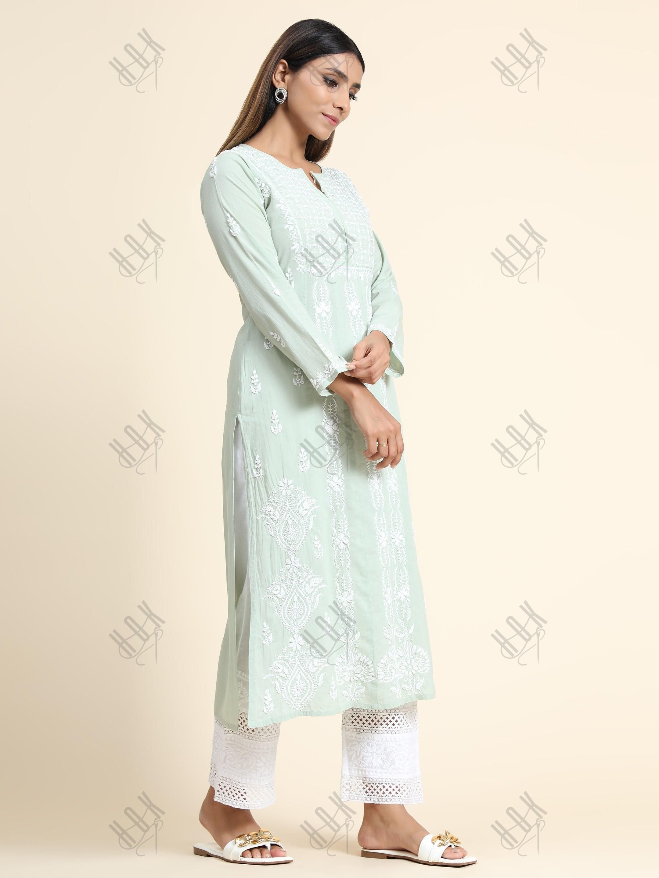 Vedika In hand embroidery Chikankari Long Kurti for Women -Sea Green - House Of Kari (Chikankari Clothing)