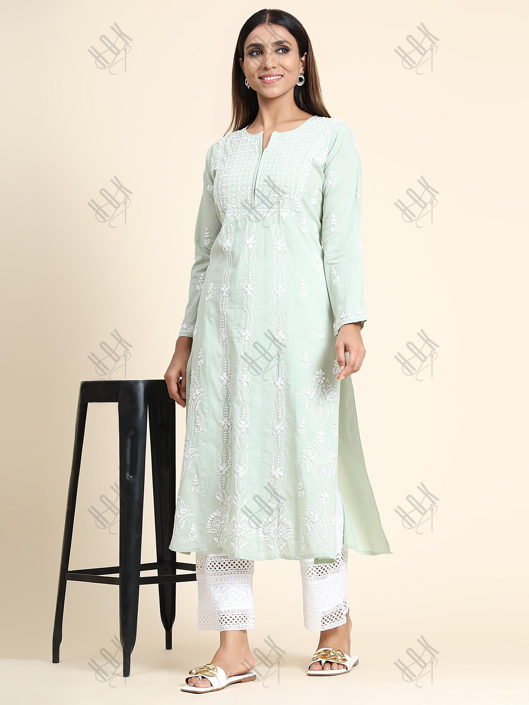 Vedika In hand embroidery Chikankari Long Kurti for Women -Sea Green - House Of Kari (Chikankari Clothing)