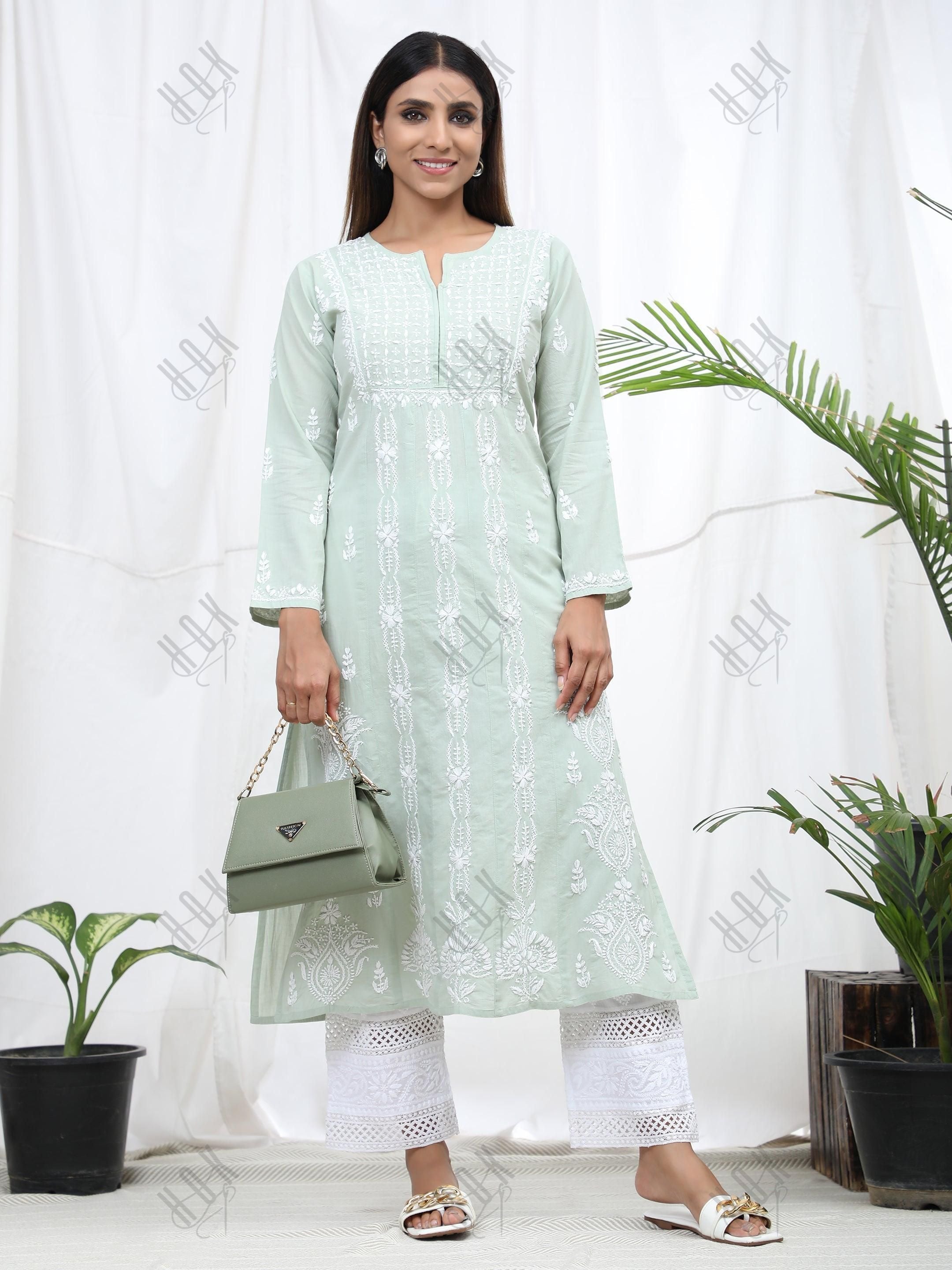 Vedika In hand embroidery Chikankari Long Kurti for Women -Sea Green - House Of Kari (Chikankari Clothing)