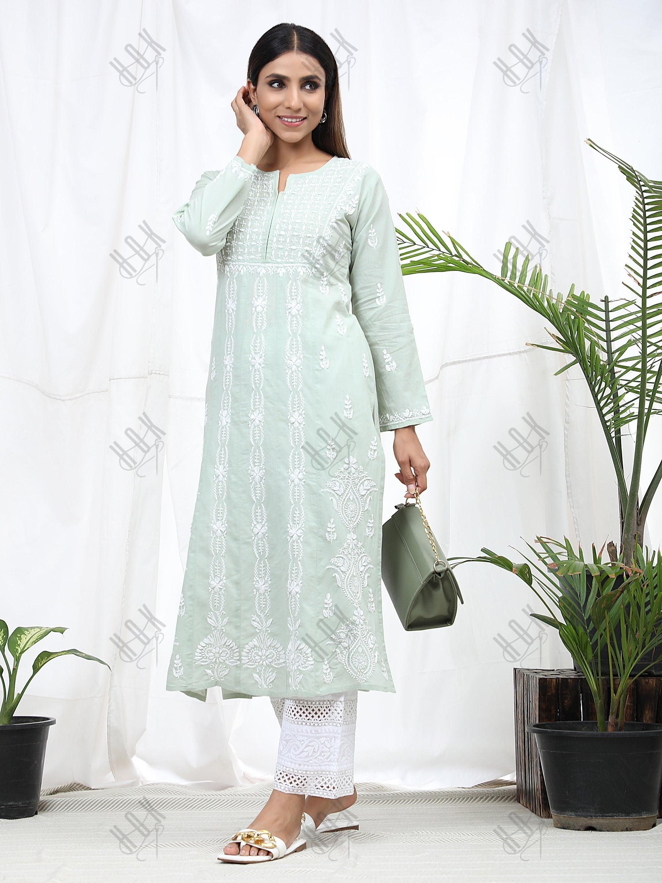 Vedika In hand embroidery Chikankari Long Kurti for Women -Sea Green - House Of Kari (Chikankari Clothing)