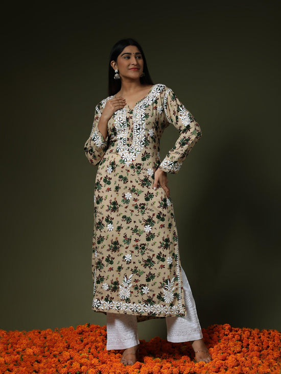 Tanvi Saanghvi HOK Chikankari in Printed Rayon - Cream - House Of Kari (Chikankari Clothing)