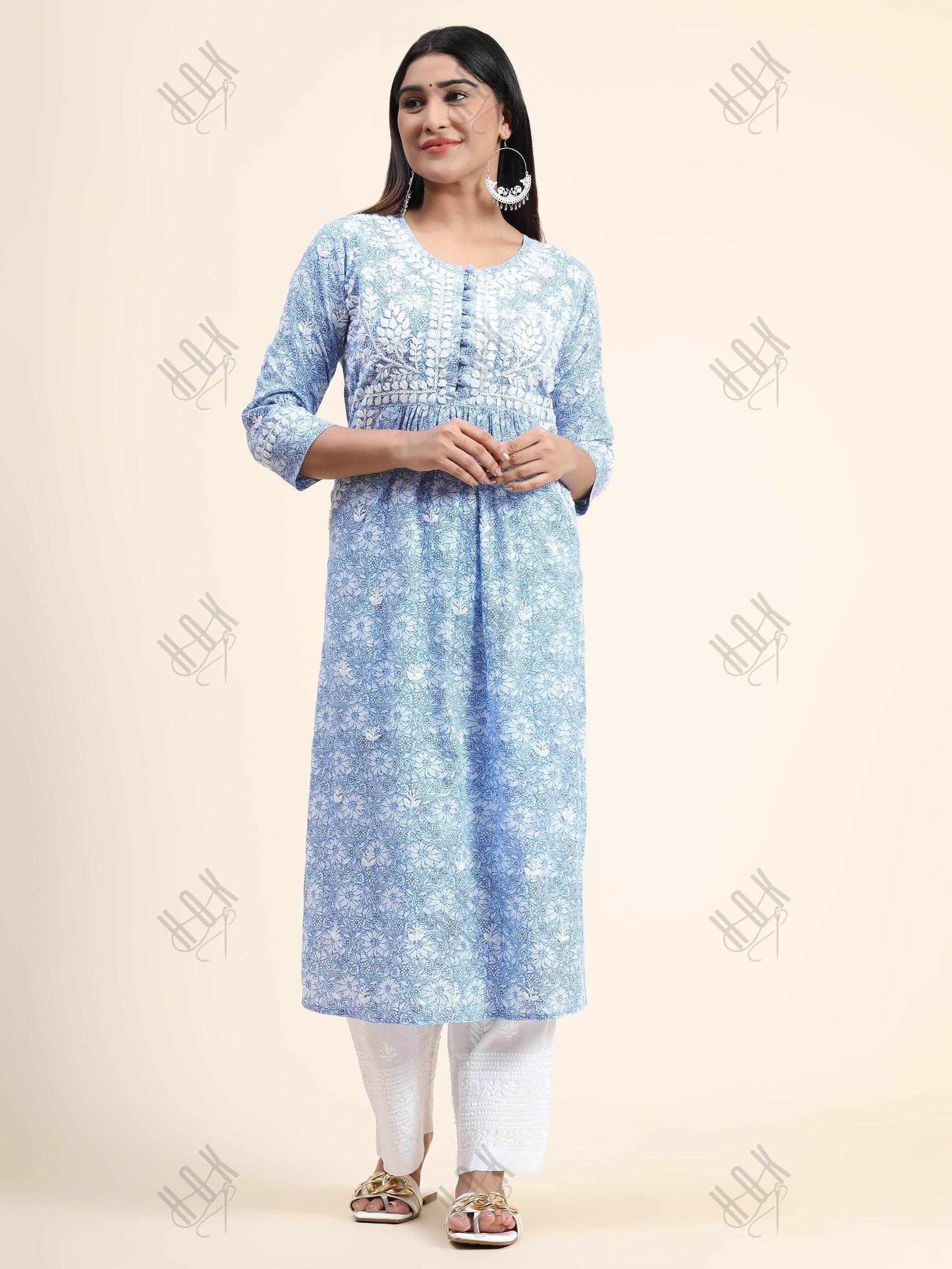 Hand embroidery Chikankari Long Kurta- Printed White - House Of Kari (Chikankari Clothing)