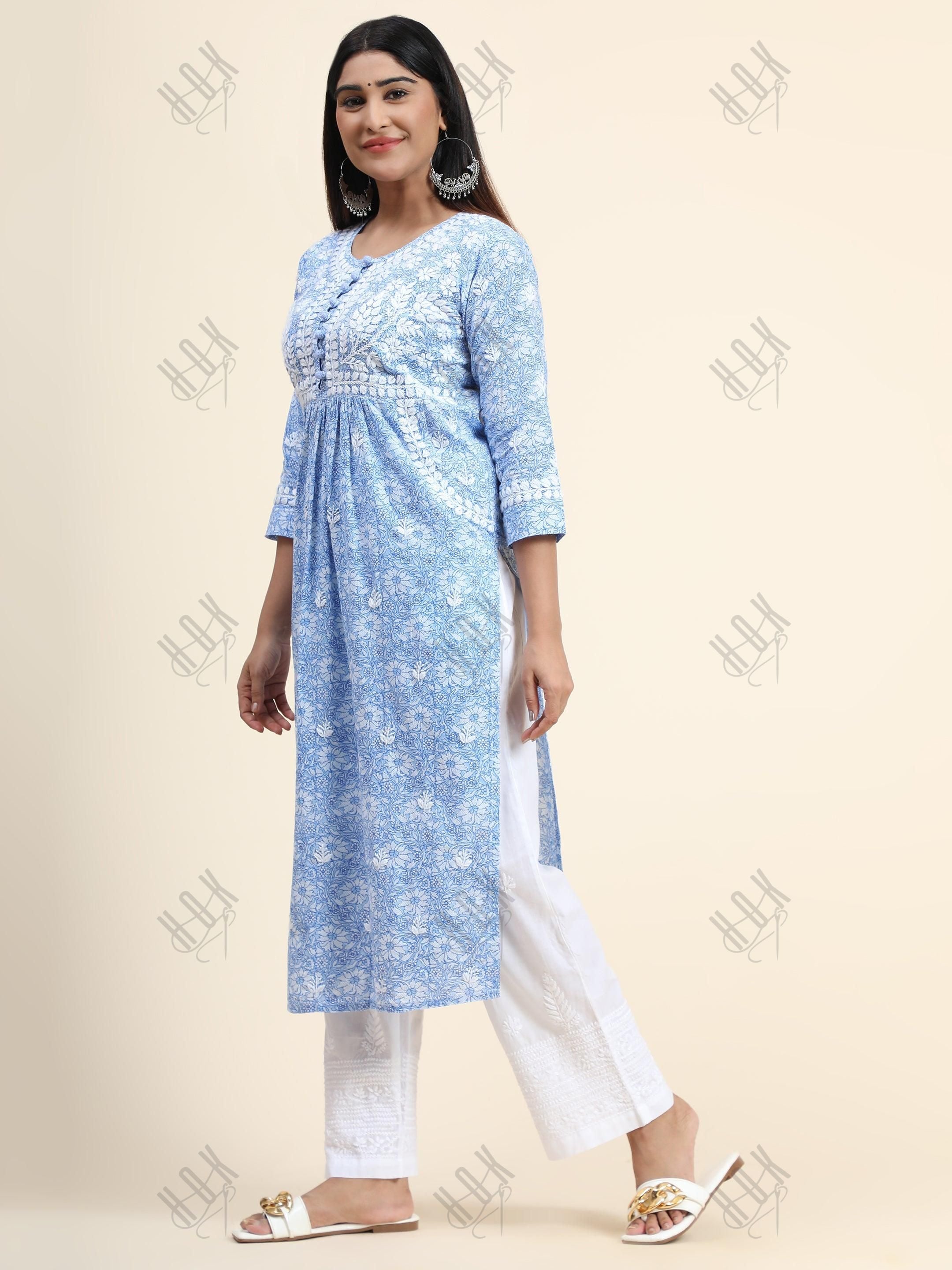 Hand embroidery Chikankari Long Kurta- Printed White - House Of Kari (Chikankari Clothing)