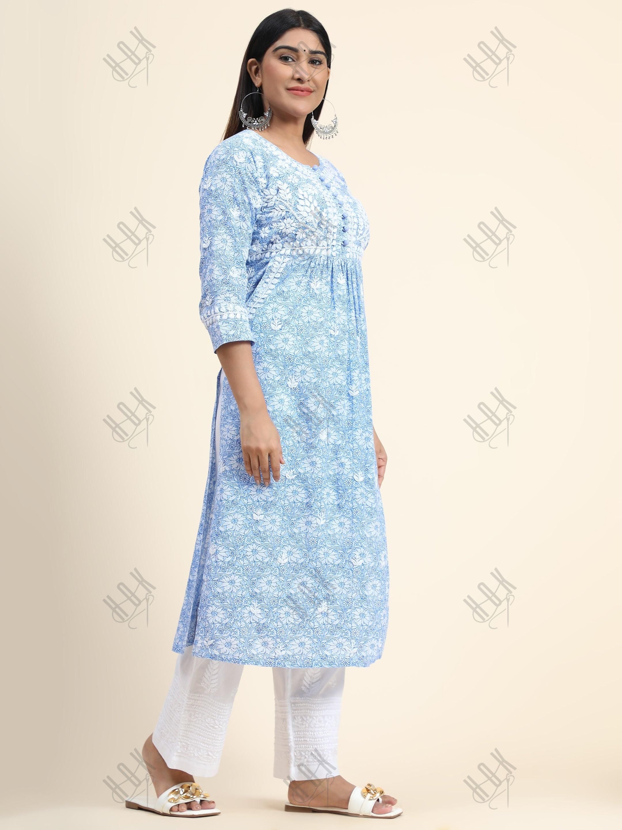 Hand embroidery Chikankari Long Kurta- Printed White - House Of Kari (Chikankari Clothing)