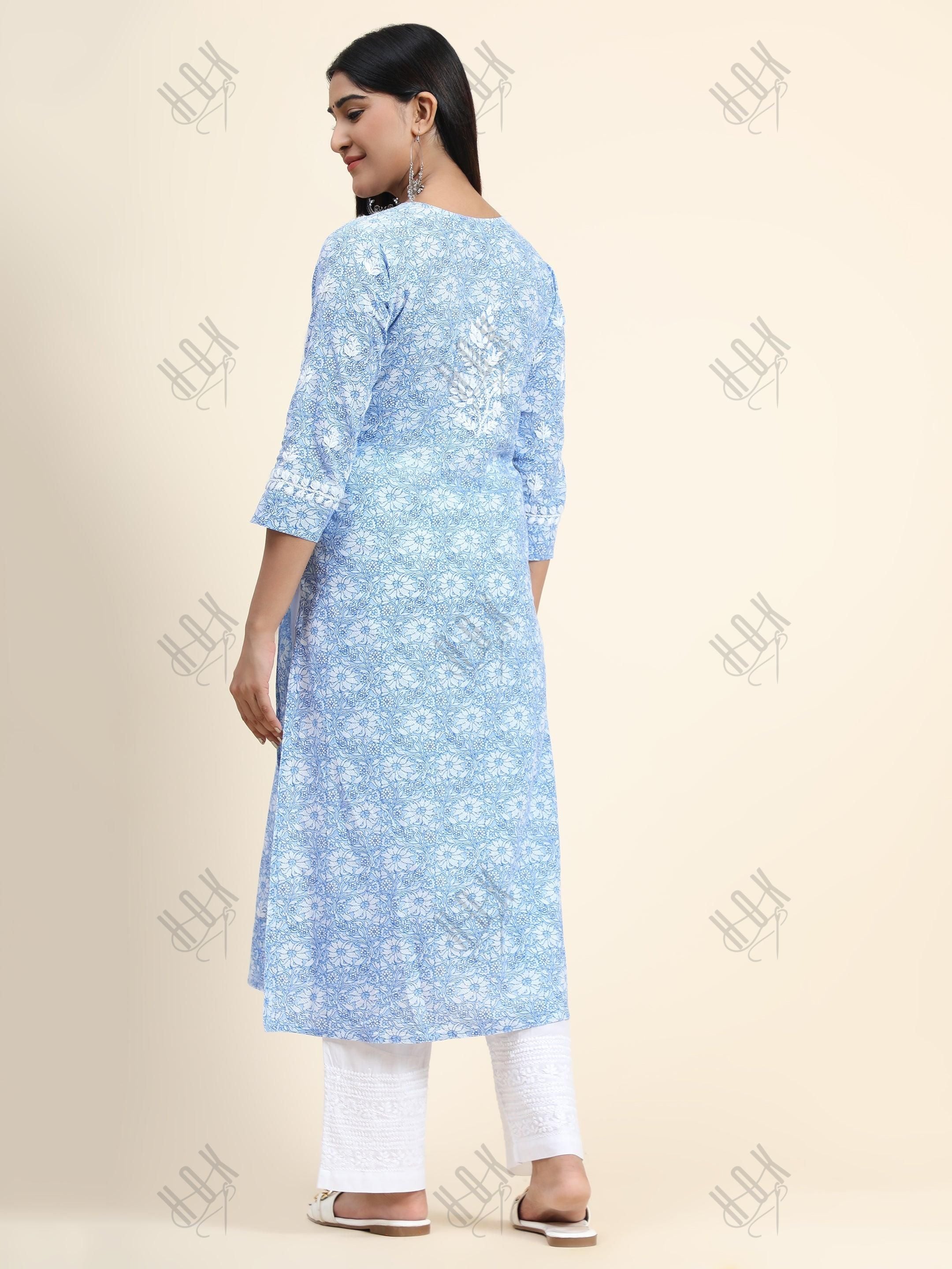 Hand embroidery Chikankari Long Kurta- Printed White - House Of Kari (Chikankari Clothing)