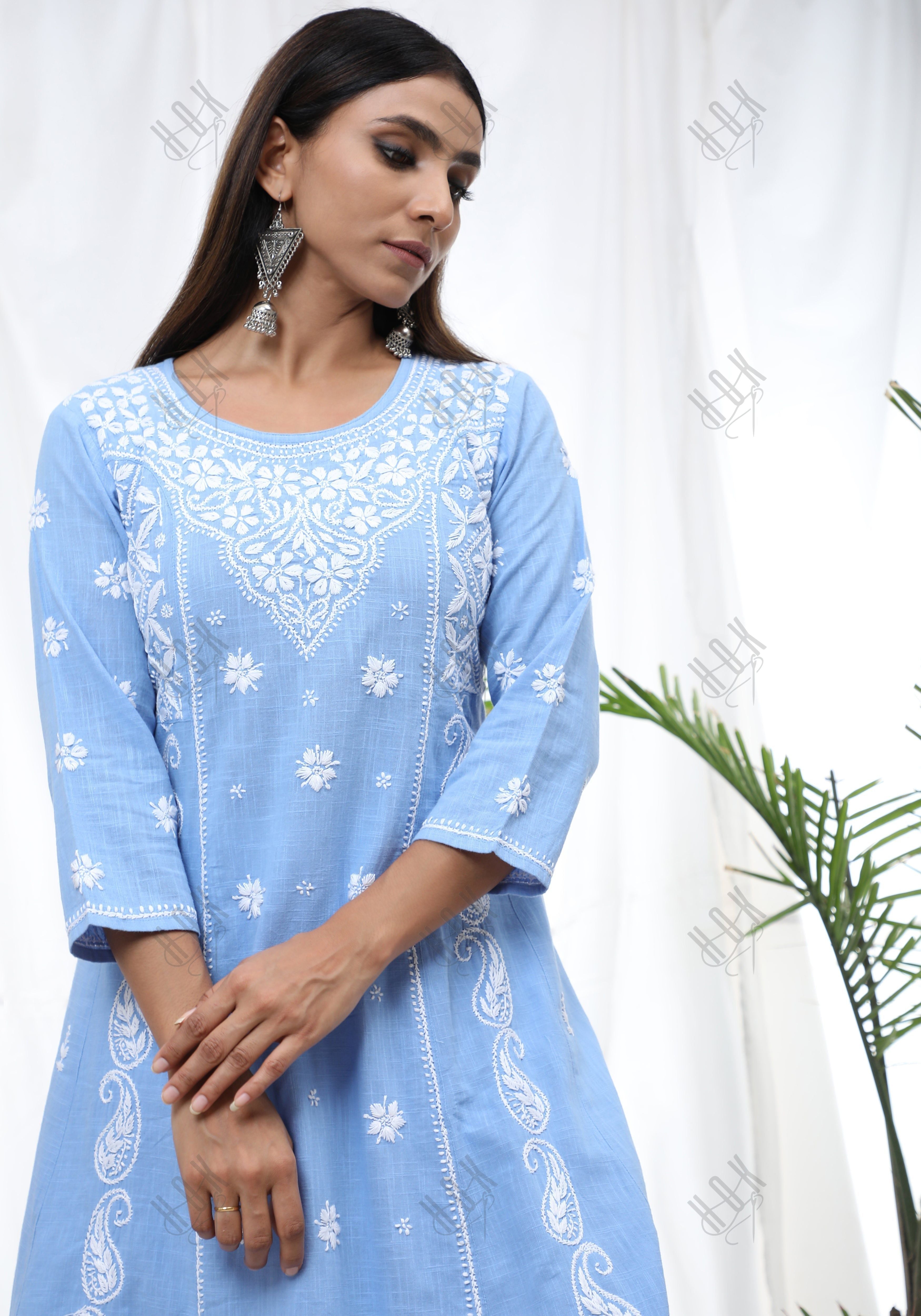 Hand embroidery Chikankari V neck Anarkali Dress | Long Kurti in Cotton For Women 2 - House Of Kari (Chikankari Clothing)