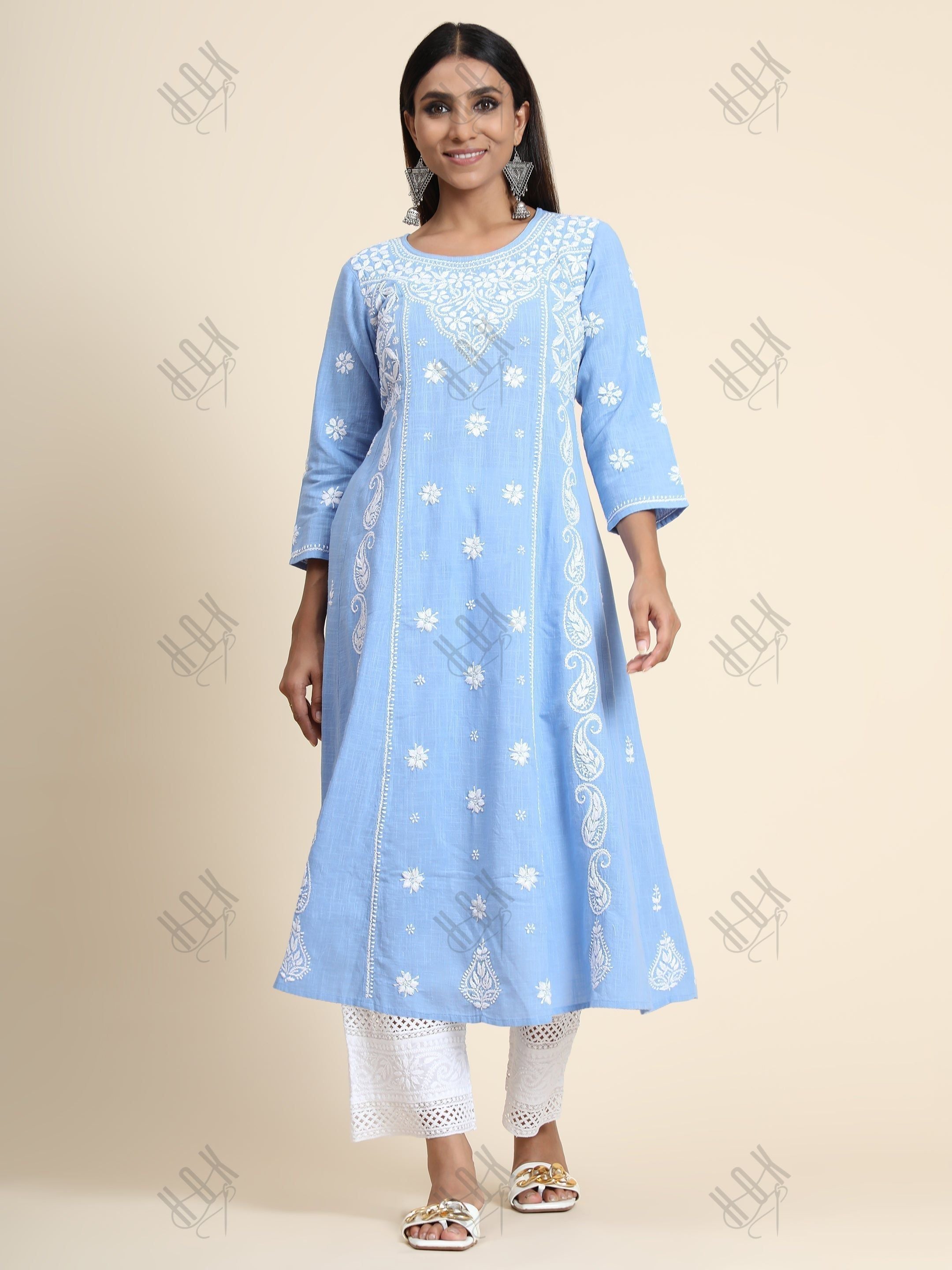 Hand embroidery Chikankari V neck Anarkali Dress | Long Kurti in Cotton For Women 2 - House Of Kari (Chikankari Clothing)