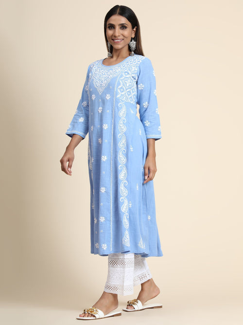 Hand embroidery Chikankari V neck Anarkali Dress | Long Kurti in Cotton For Women 2 - House Of Kari (Chikankari Clothing)