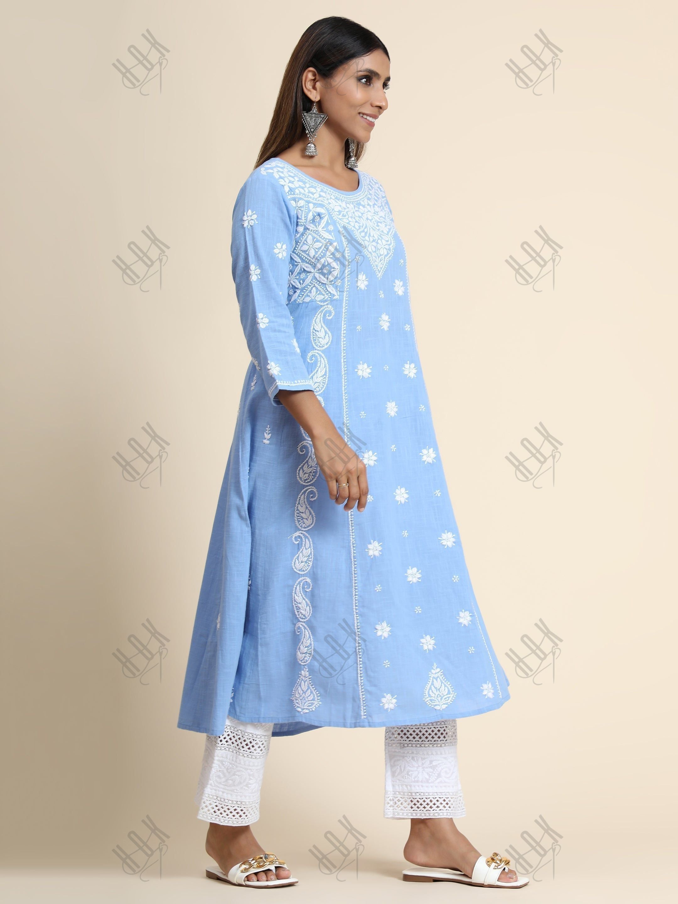 Hand embroidery Chikankari V neck Anarkali Dress | Long Kurti in Cotton For Women 2 - House Of Kari (Chikankari Clothing)