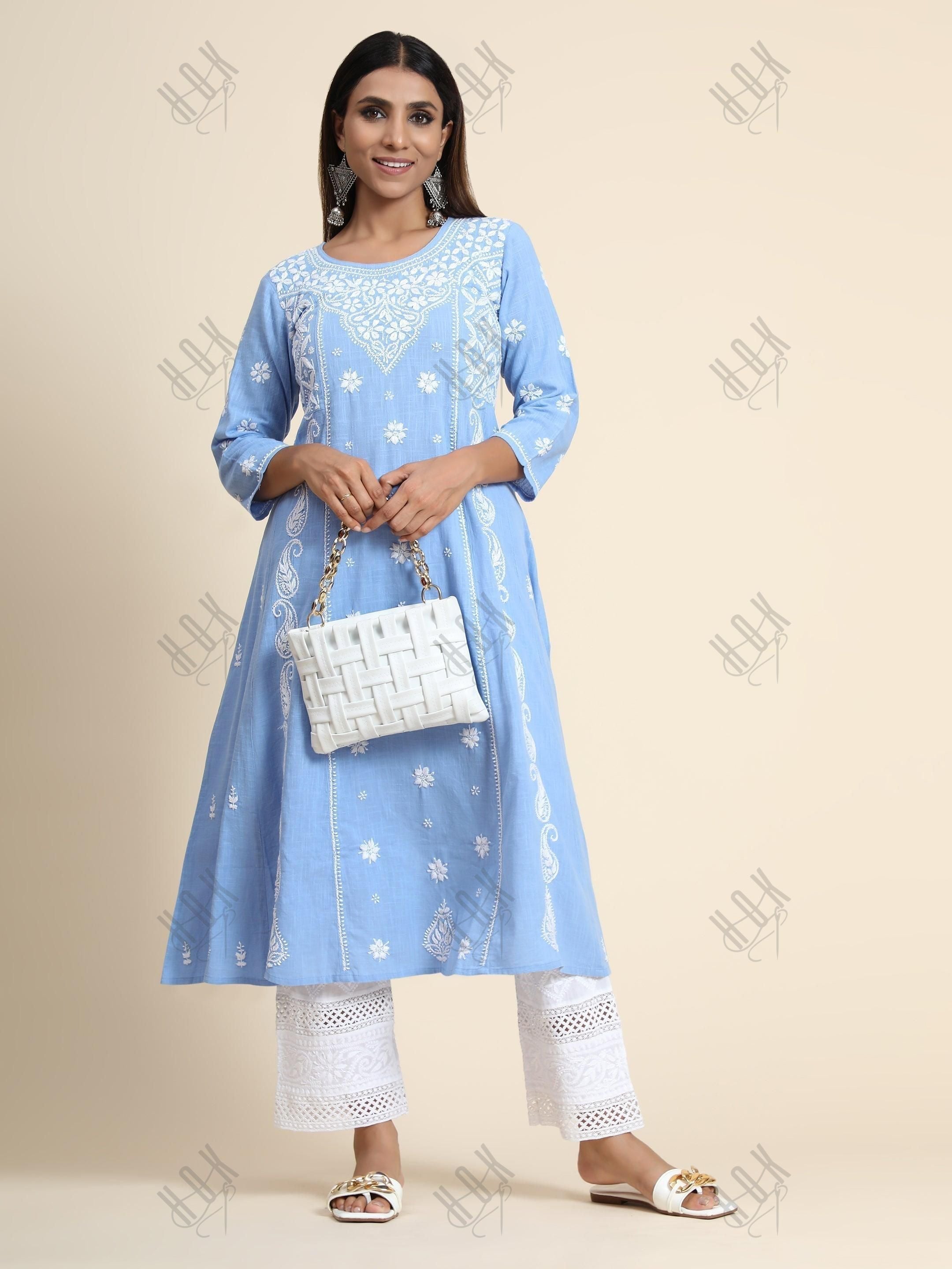 Hand embroidery Chikankari V neck Anarkali Dress | Long Kurti in Cotton For Women 2 - House Of Kari (Chikankari Clothing)