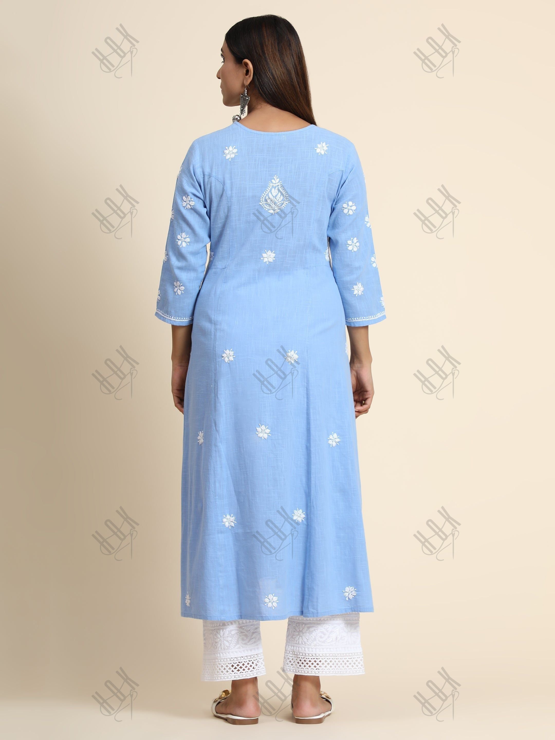 Hand embroidery Chikankari V neck Anarkali Dress | Long Kurti in Cotton For Women 2 - House Of Kari (Chikankari Clothing)